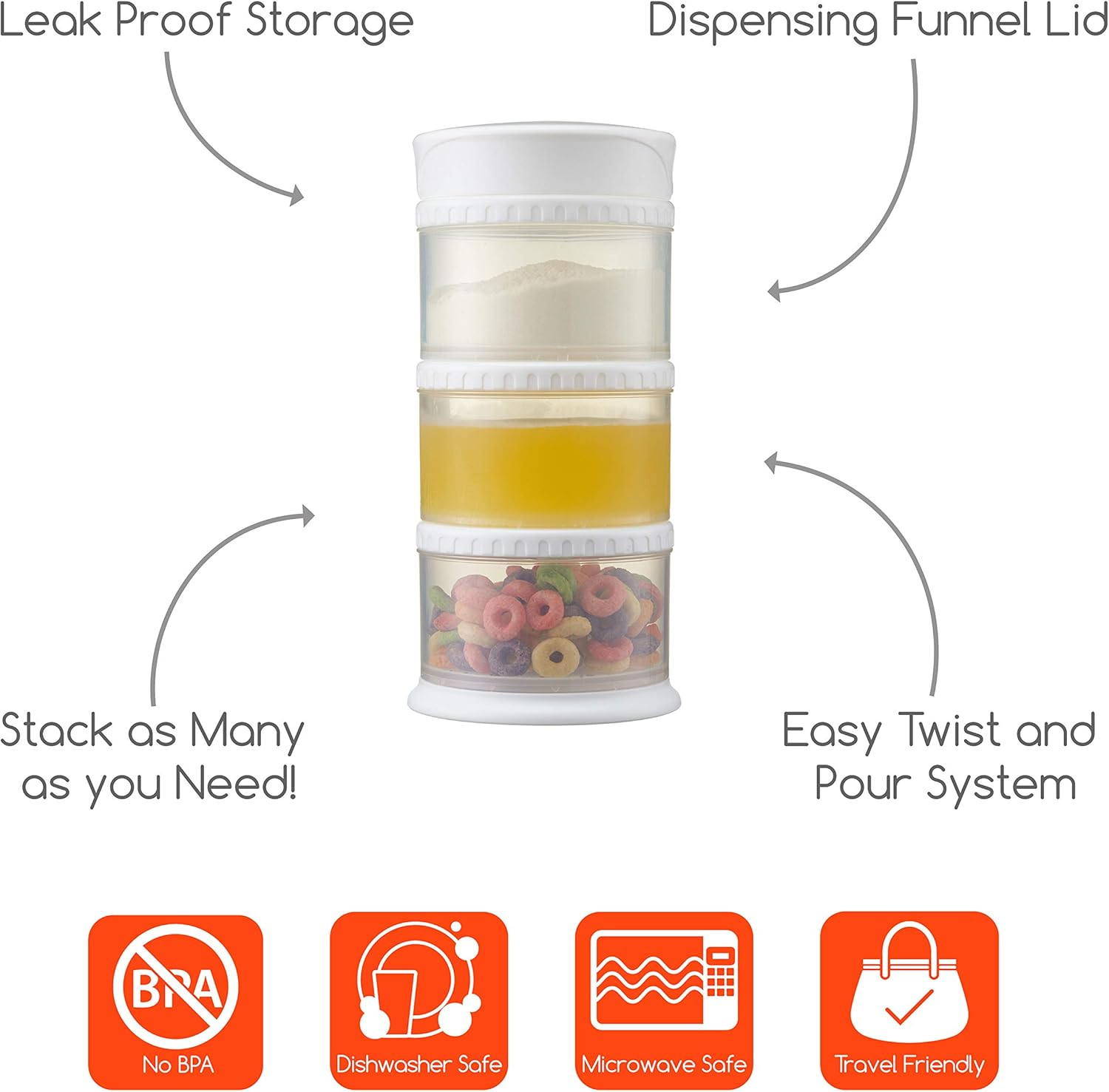 Innobaby Packin' Smart Stackable and Portable Storage System for Formula, Liquid, Baby Snacks and More. 3 Stackable Cups in White. BPA Free. - White image number 3