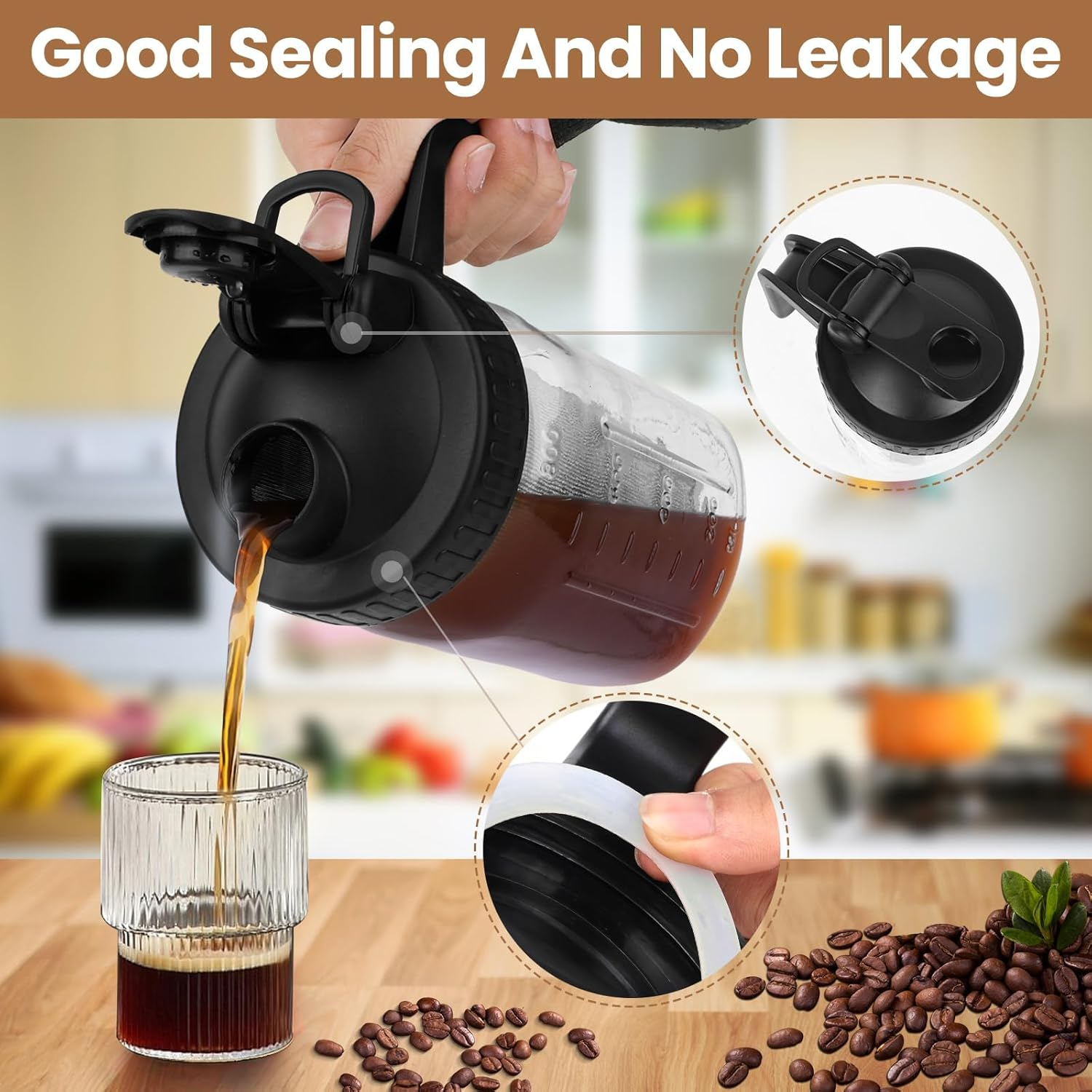 Cold Brew Coffee Maker,32 Oz Mason Jar Pitcher with Stainless Steel Filter, Pour Spout Handle Lid, Heavy Duty Glass Airtight & Leak-Proof Pitcher for Iced Coffee Tea Lemonade-Black image number 3