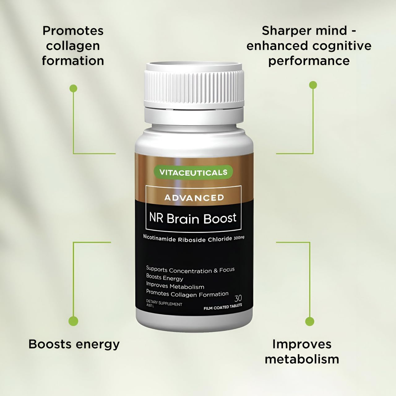 NR Brain Boost Nicotinamide Riboside Chloride | Supports Cognitive Performance | Energy Levels | Collagen Formation | 300Mg per Vegetarian Capsule. 30 Day Supply | Australian Made | 30 Capsules image number 1
