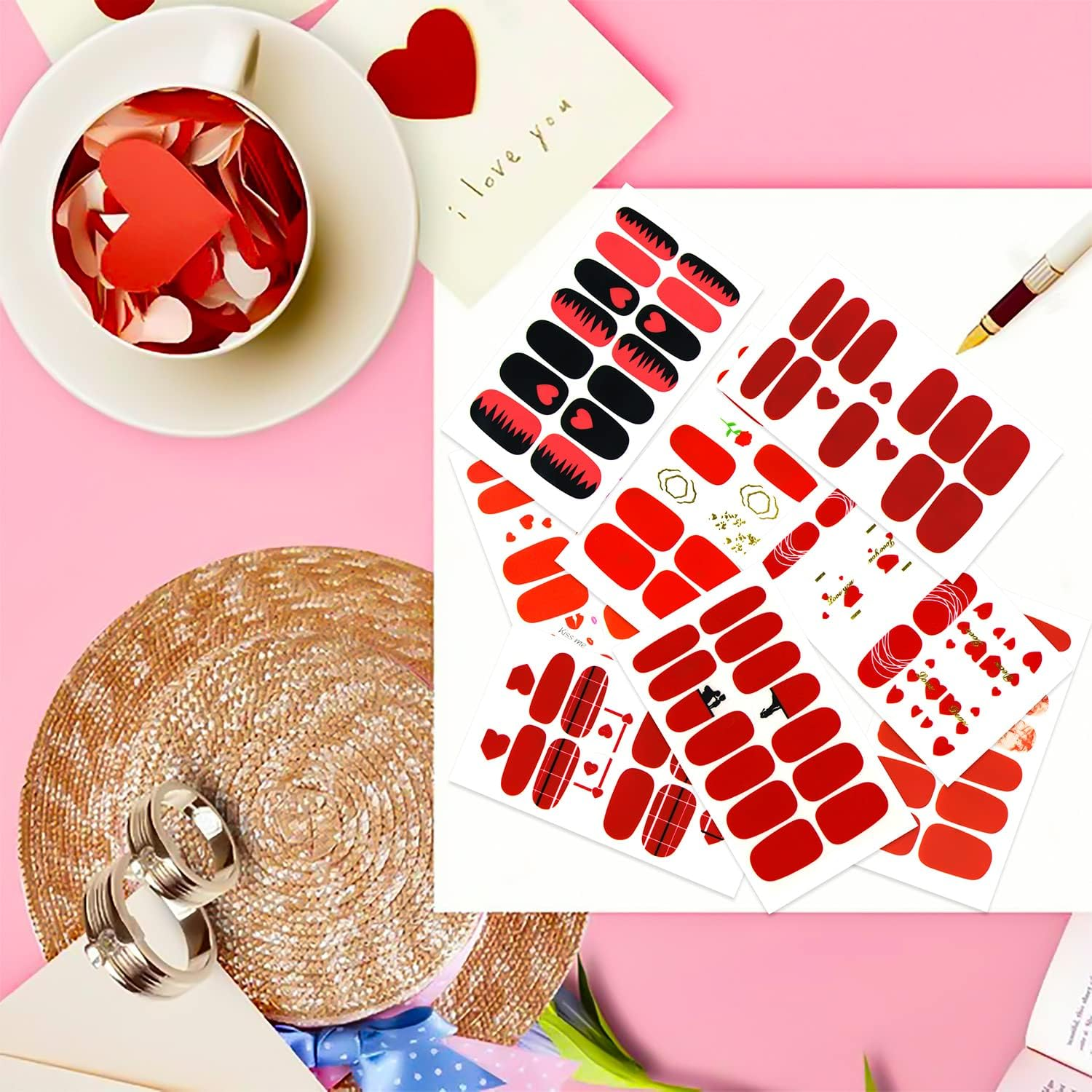 JERCLITY 12 Sheets Red Series Valentine'S Love Heart Nail Stickers Full Nail Wraps Real Nail Polish Strips for Women Nails Art with Nail File Nail Strips Gel Stickers for Nails image number 2