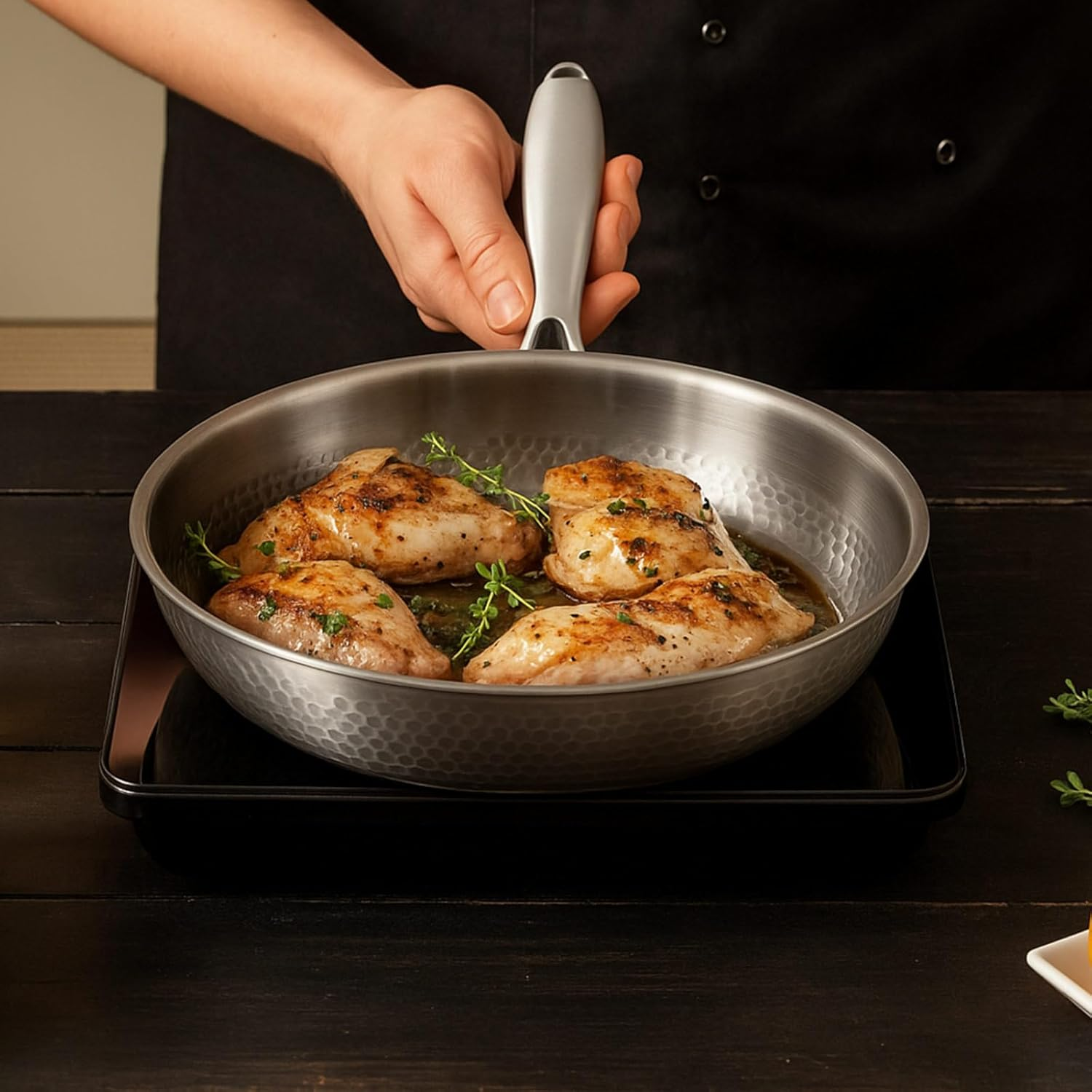 Lemonroad 2 Pcs 10.24" 11.81" Titanium Pan Set, Hammered Titanium Pan with Lid for Cooking Durable Scratch Resistant, Safe for Oven Induction image number 2