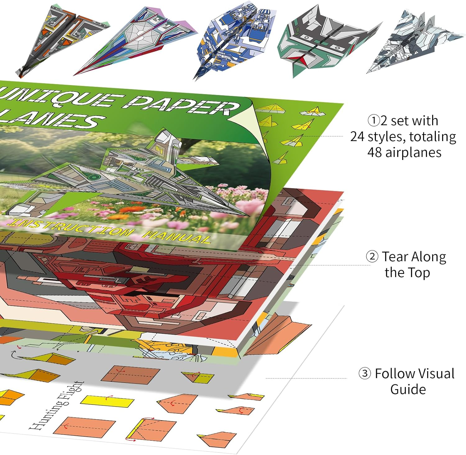 Elfew 48 Sheet Paper Airplane Kit for Kids Ages 8-12, Origami Paper Plane Kits for Boys, Crafts for Kids Activities, Origami Book, Airplane Toys Gifts for Boys and Girls image number 6