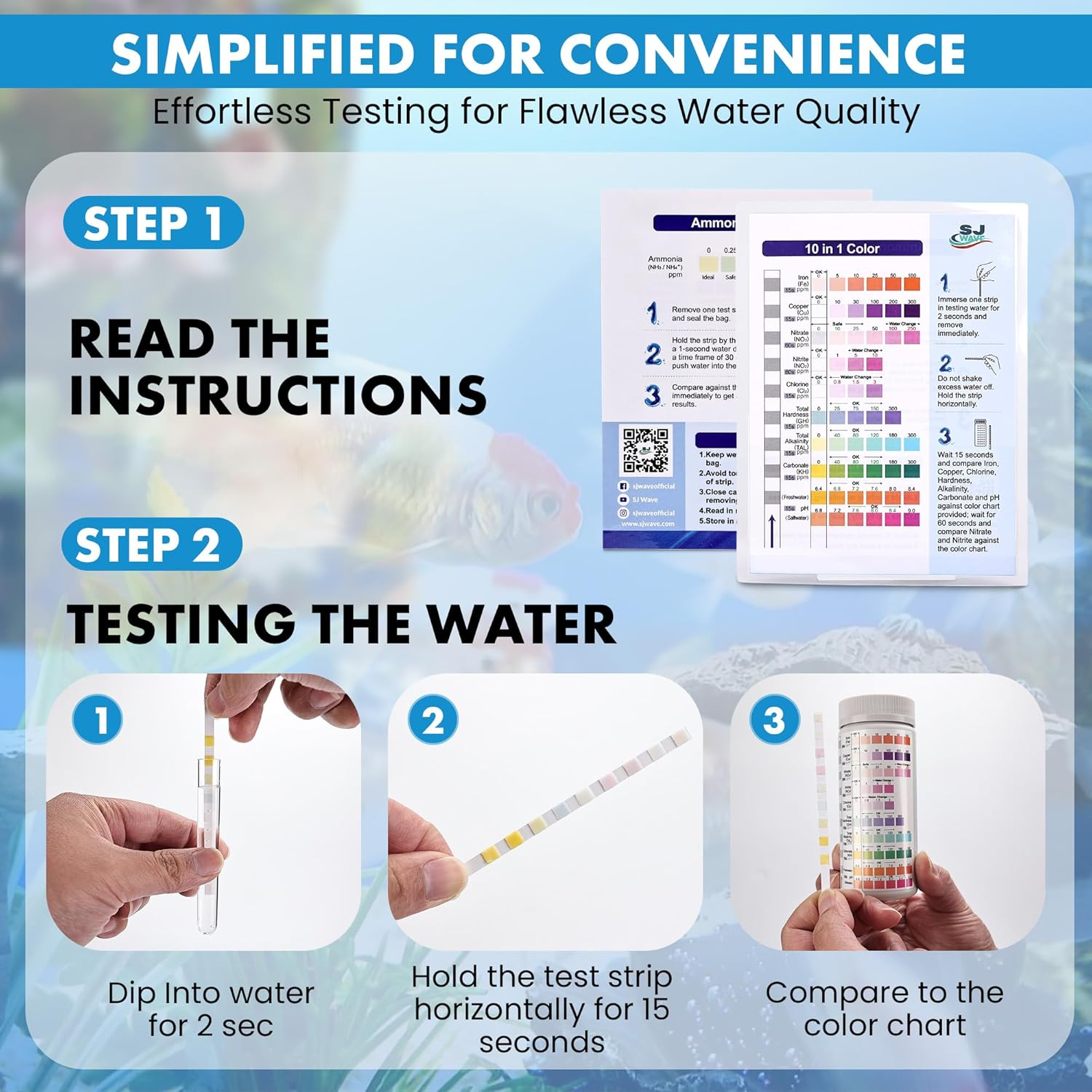 11 in 1 Aquarium Test Strips - Fish Tank Water Testing Kit with Ammonia Test Strips for Fish Tank (150 Strips) & Ebook | Includes 50 Ammonia Strips, Thermometer, & Test Kit for Ponds & All Fish Tanks image number 2