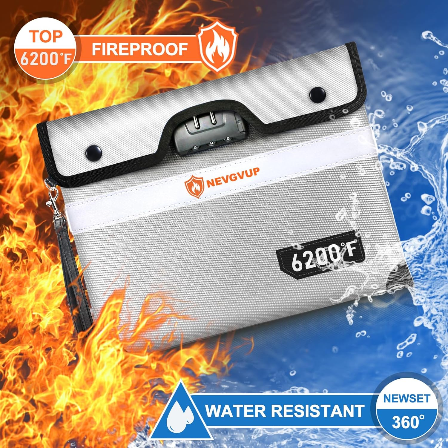 Upgraded 6200&deg;F Fireproof Money Bag with Lock, Fireproof Bag W. Zipper/Reflective Strip, 9 Layers of Heat Insulated Material, Water Resistant Fire Proof Money Bag for Cash, Fire Bag for A5 Documents image number 4