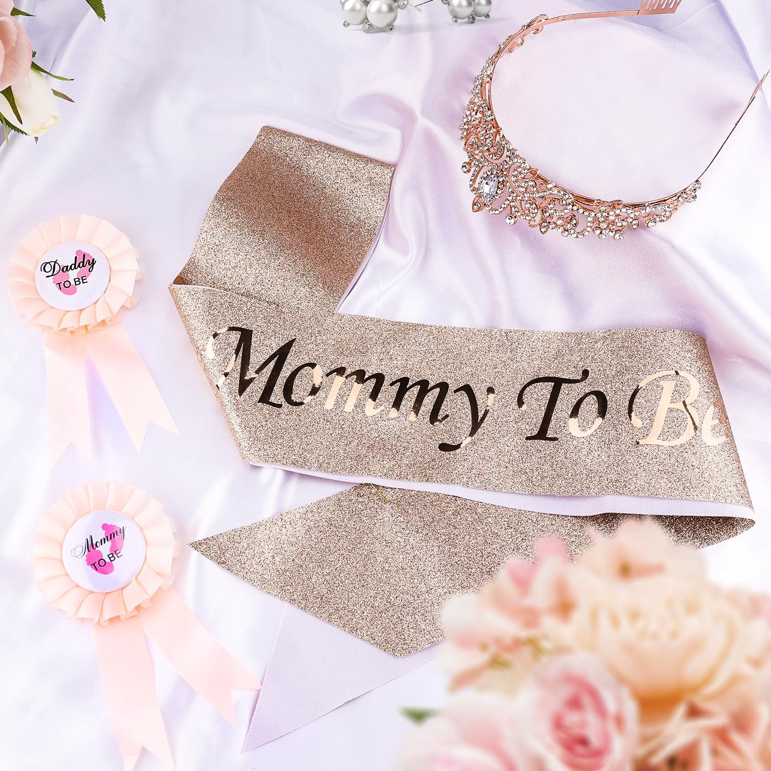 4Pcs Mommy to Be Sash Set, Mommy to Be Crown and Sash with Corsage for Pregnant Mommy and Daddy Mom to Be Baby Shower Decoration (Rose Gold) image number 1