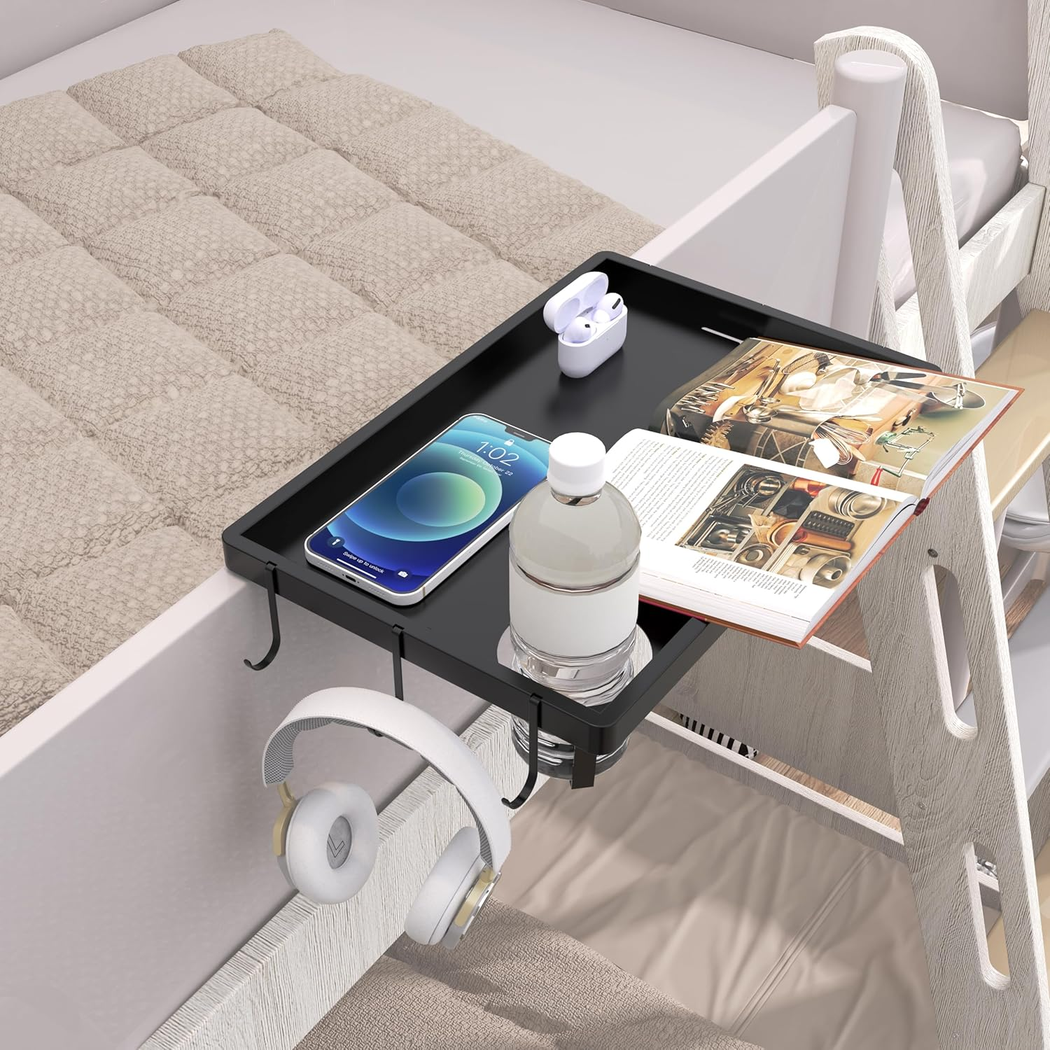 BEAUTME Bedside Shelf for Bed, Sofa Armrest Tray, College Dorm Room, Bunk Bed Shelf/Caddy Top Bunk, Clip on Tray Table for TV Dinners, Remotes, Drinks and Snacks, 38.1 * 25.4Cm, Black image number 1