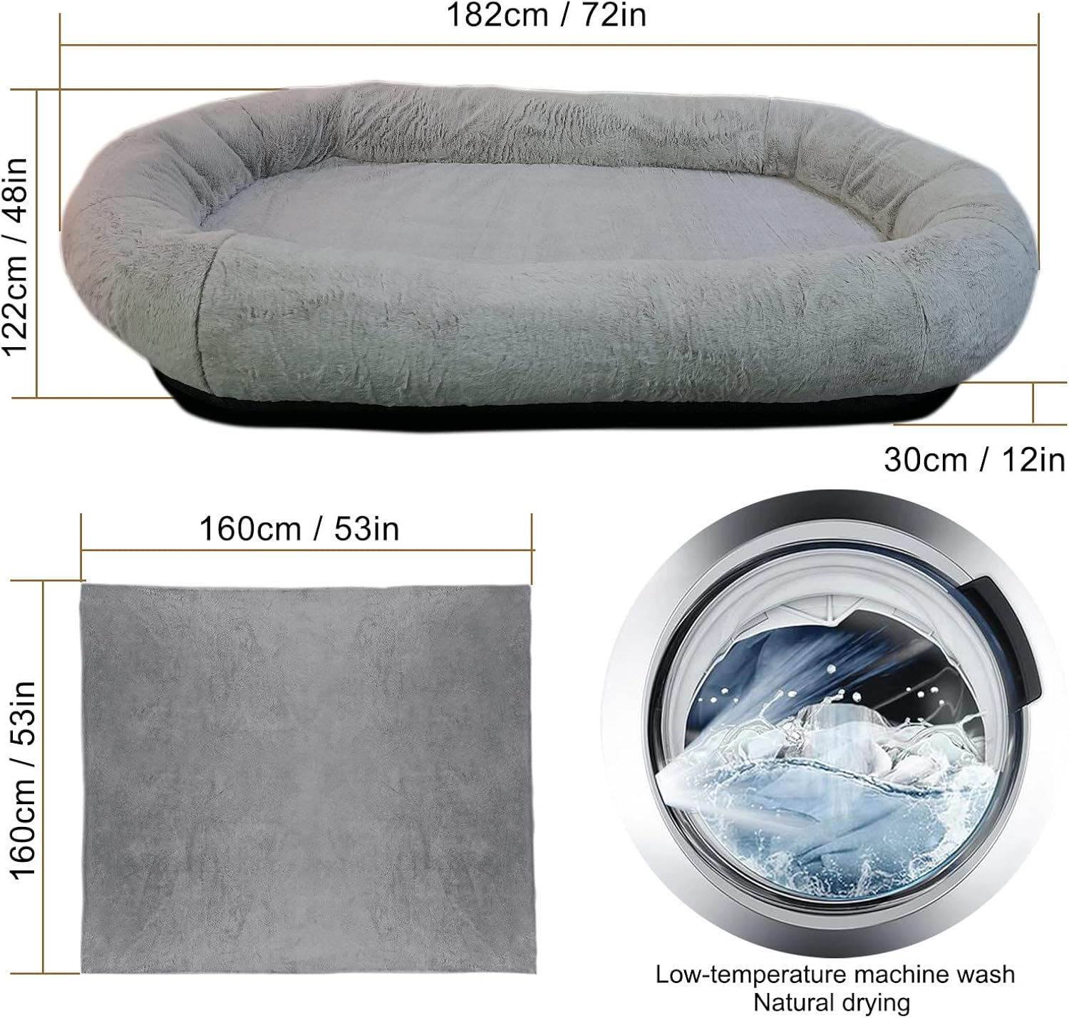 Human Dog Bed with Blanket,72 * 48 * 12Inch Large Dog Bed Human Extra Size Bean Bag Bed,Giant Dog Beds for Humans People to Sleep on (Grey) image number 5