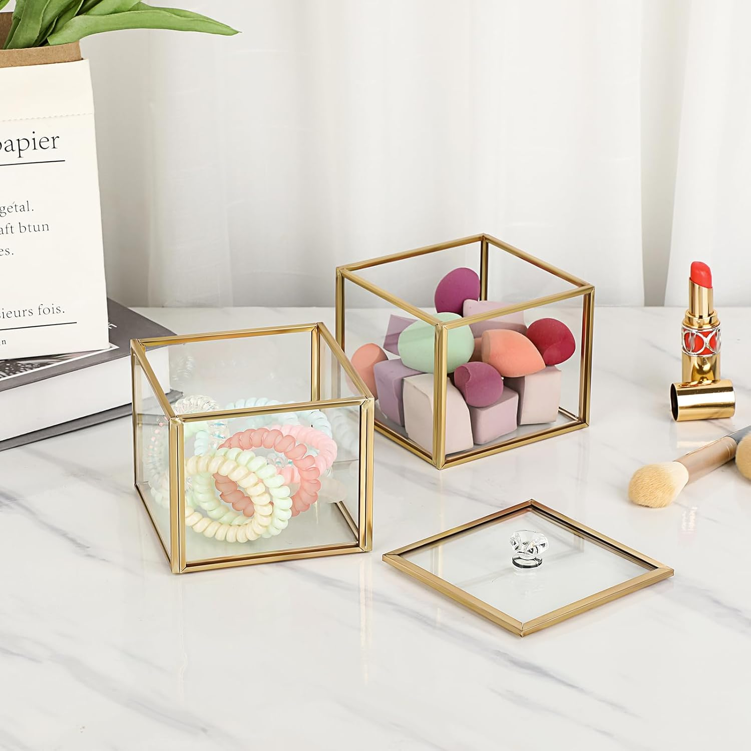 Hipiwe Glass Qtip Holder Dispenser with Lid 2-Tier Stackable Bathroom Containers Cotton Ball & Swab Holder Vanity Organizer Jars Gold for Makeup Pads image number 5