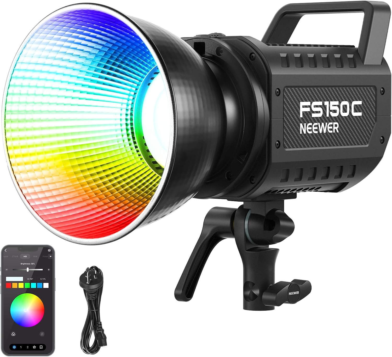 NEEWER 130W RGB LED Video Light APP/2.4G Control 17 Effects, 2500-7500K 19800Lux/1M COB Continuous Lighting Output with CRI97/TLCI98 4 Dimming Curves, Bowens Mount Spotlight for Studio Shoots, FS150C image number 2