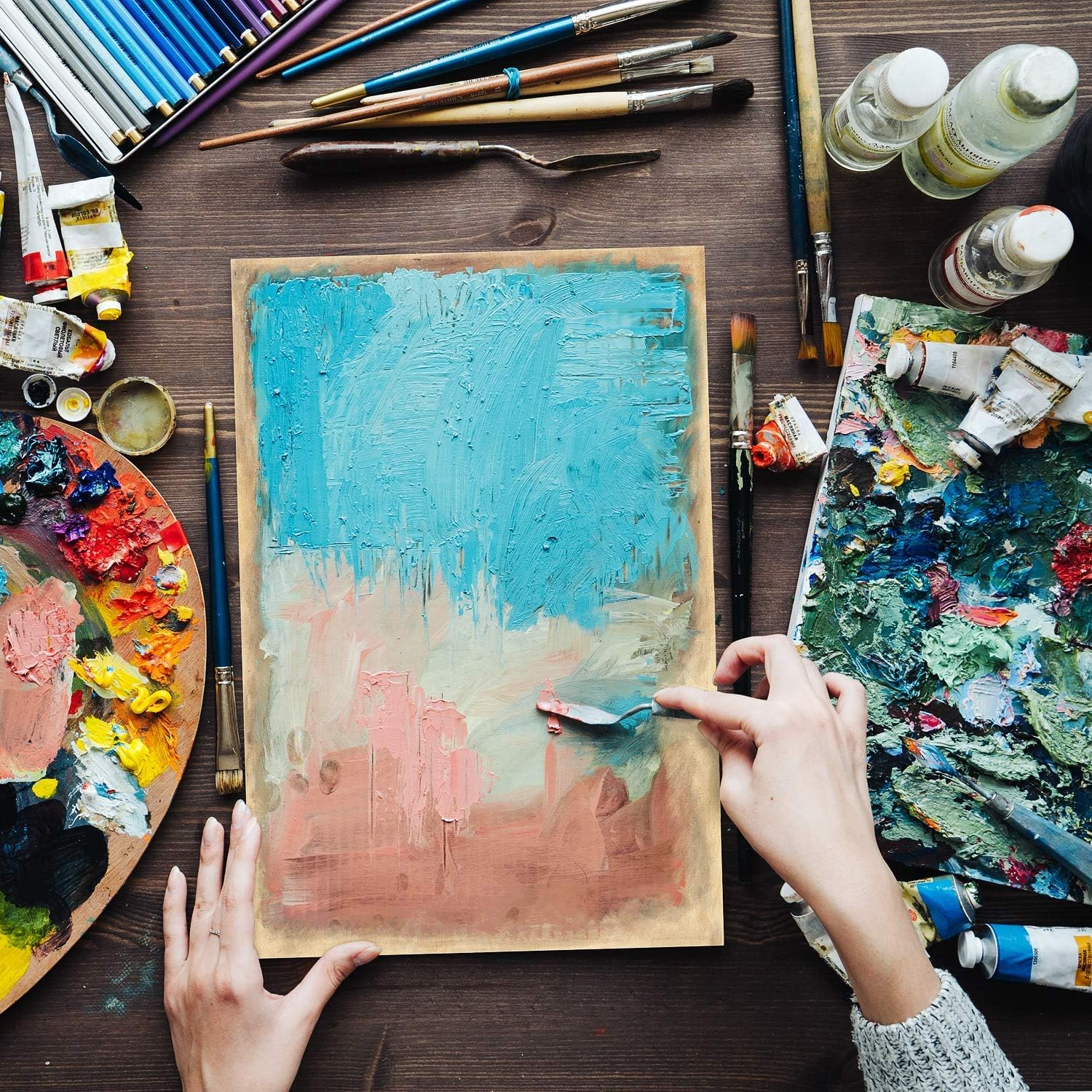 ARTEZA Wooden Canvas Board, 8X8 Inch, Pack of 5, Birch Wood, Cradled Artist Wood Panels for Painting, Encaustic Art, Wood Burning, Pouring, Use with Oils, Acrylics image number 2