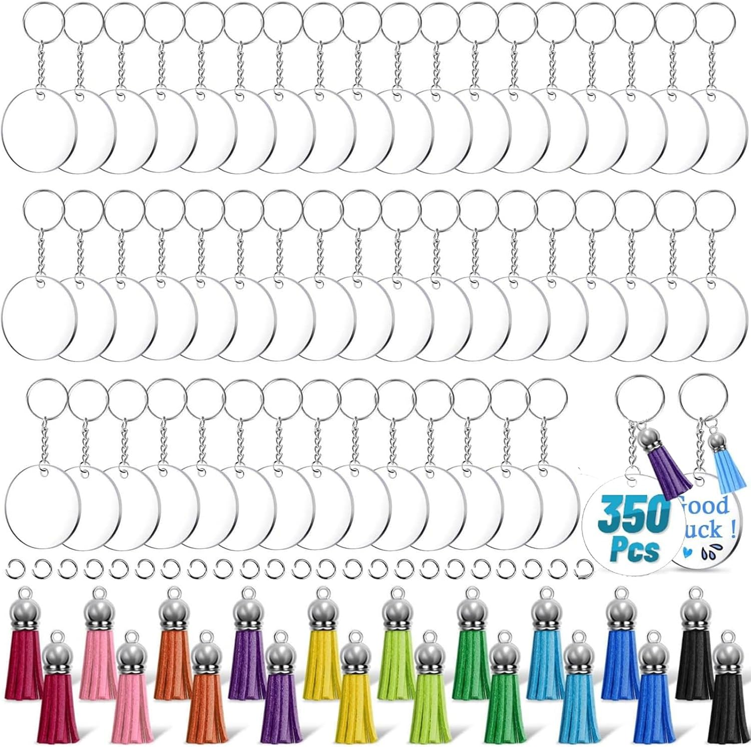 350 Pcs Acrylic Keychain Blanks,Diy Transparent Keychain Tassels Set, Include 60 round Acrylic Circle Disc,60 Key Rings with Chain,60 Colorful Tassel,170 Jump,Rings for DIY Keychain and Craft image number 3