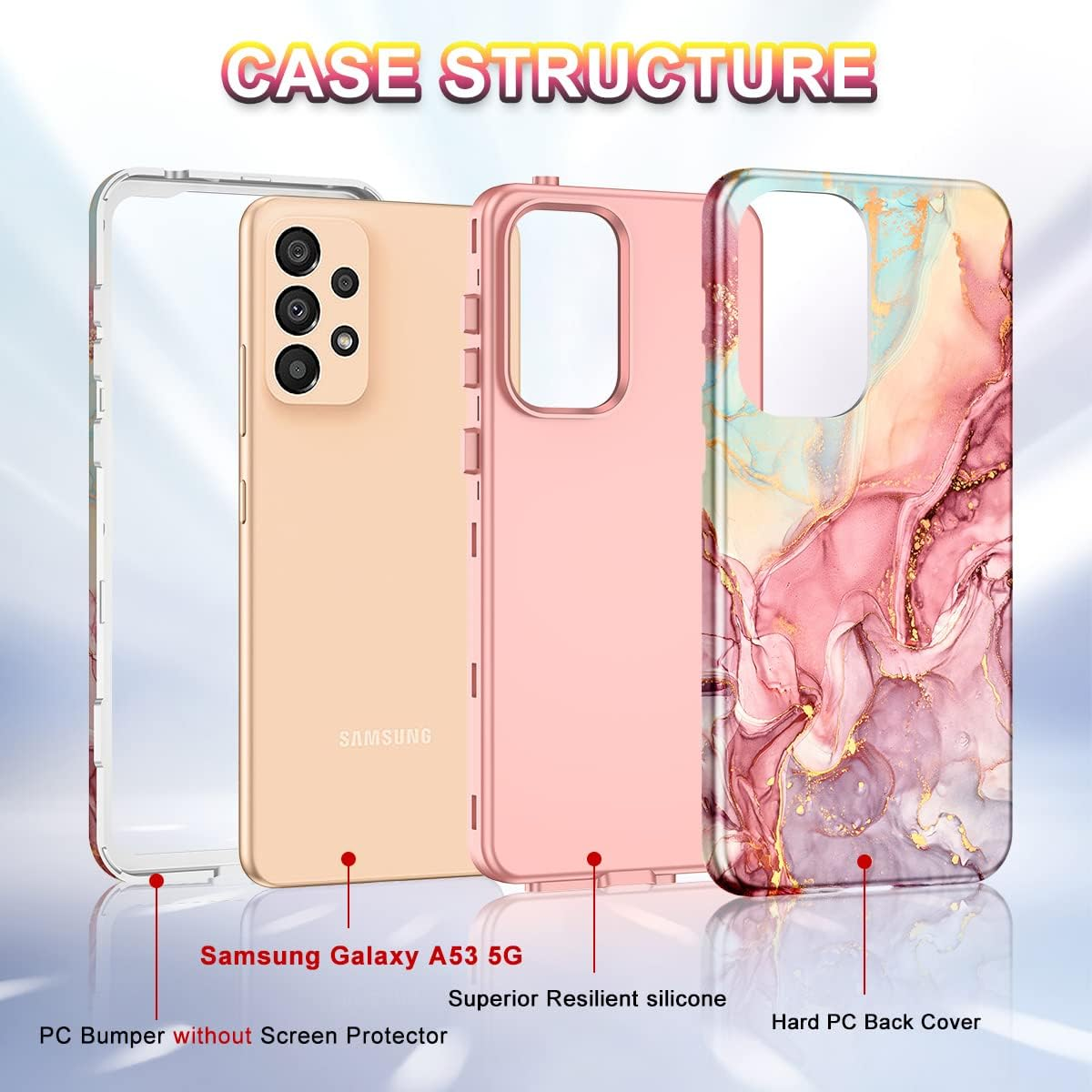Btscase for Samsung Galaxy A53 5G Case, Marble Pattern 3 in 1 Heavy Duty Shockproof Full Body Rugged Hard Pc+Soft Silicone Drop Protective Women Girl Cover for Samsung Galaxy A53 5G,Rose Gold - All Rose Gold image number 7