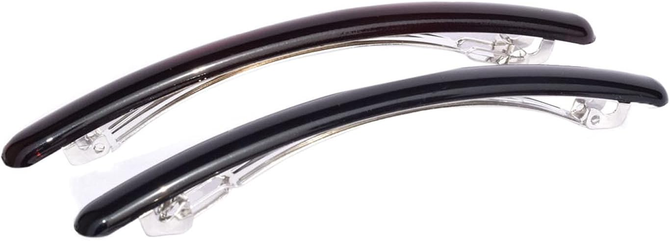 Parcelona French Skinny Rounded Tortoise Shell Brown and Black 4&rdquo; Celluloid Automatic Set of 2 Hair Clip Barrettes for Women and Girls image number 3