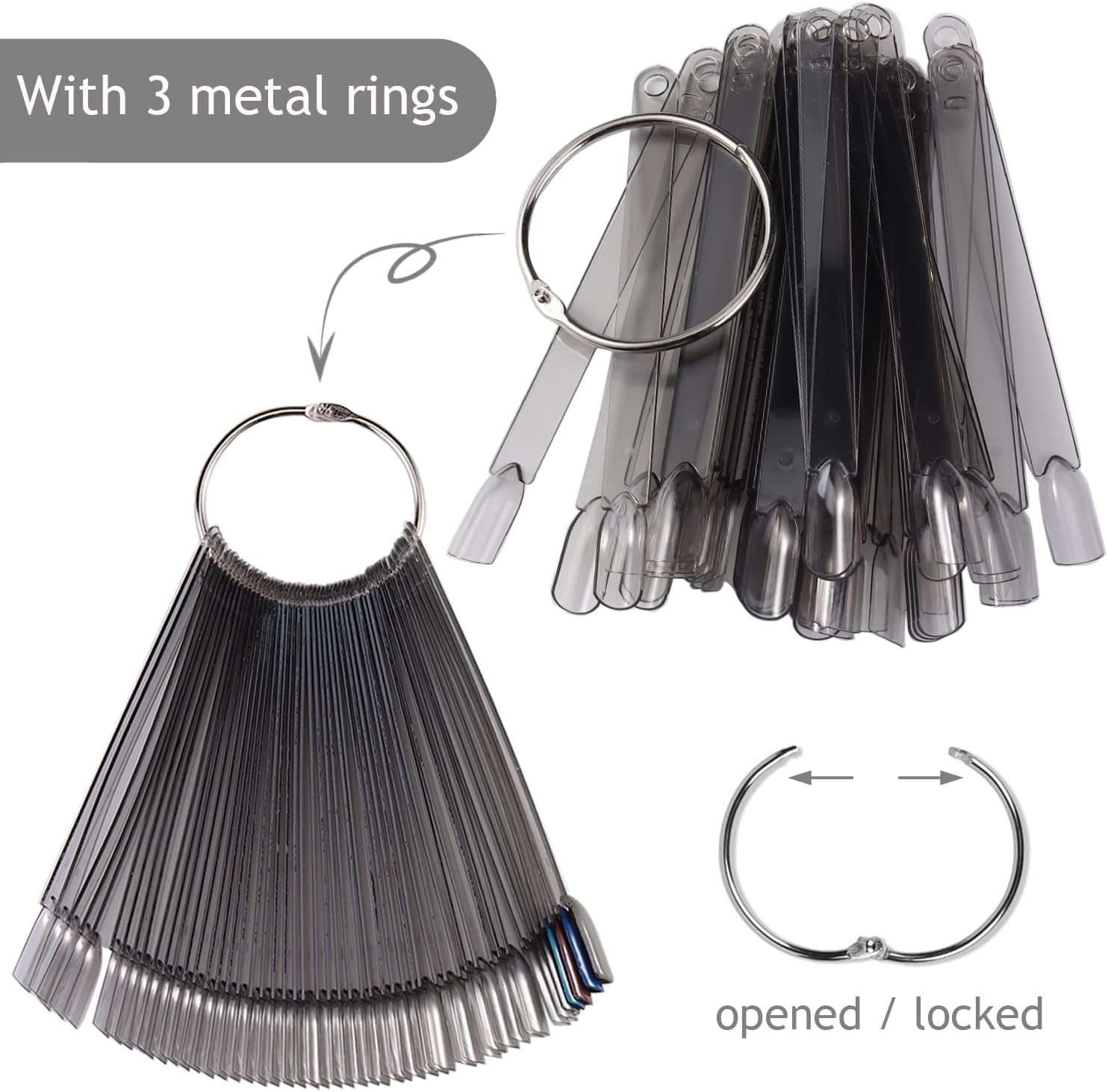 150Pcs Nail Pattern Sticks with Ring Ballerina Square Oval Nail Color Pattern for Nail Display False Nail Sample Sticks Practice Nail Tips Transparent Black Board image number 2