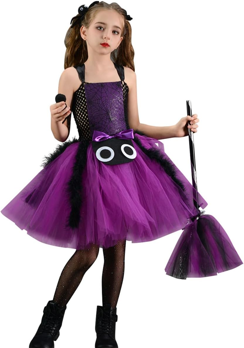 IBAKOM Witch Costume Girls Halloween Costume Children 2-Piece Cosplay Outfit Dress X 1 + Witch Broom X 1 Tulle Dress Wizard Costume Fancy Dress Costume for Carnival Cosplay Party Festival Purple 6-7 image number 2