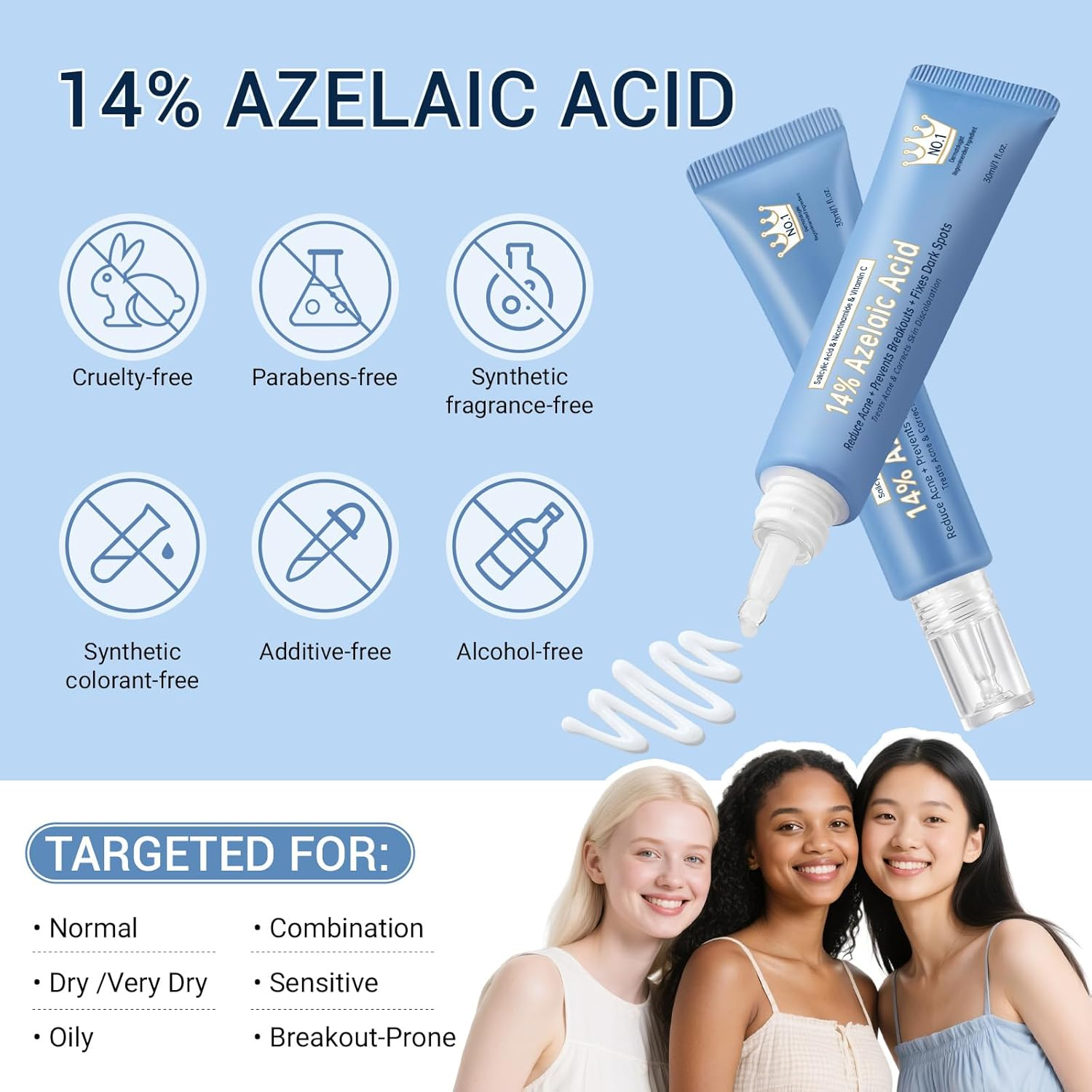 14% Azelaic Acid Cream - Azelaic Acid Serum with Hyaluronic Acid, Niacinamide & Squalane - Pore Refining & Oil Control - Face Moisturizer for All Skin Types, 30ML image number 1