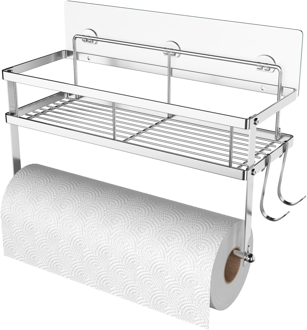 ESOW Paper Towel Holder with Shelf Storage, Adhesive Wall Mount 2-In-1 Basket Organizer for Kitchen & Bathroom, Durable Metal Wire Design, Stainless Steel 304 Brushed Nickel Finish