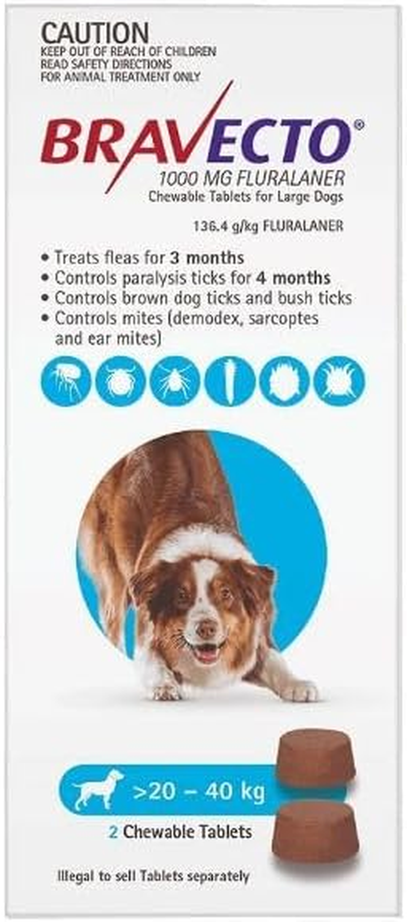 Bravecto for Large Dogs 20-40Kg Blue 2 Chews