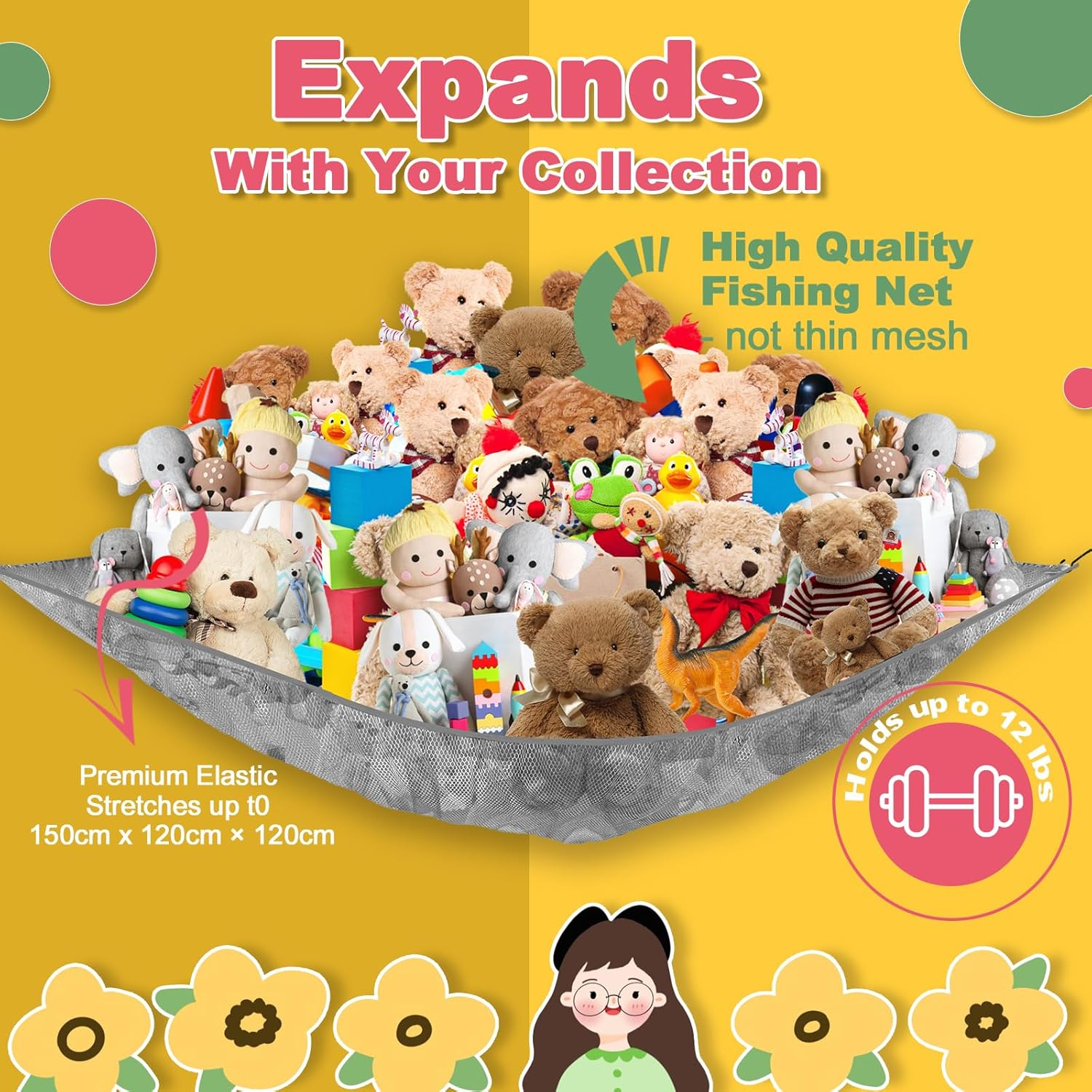 VERONLY 2 Pack Stuffed Animal Toy Storage Net Hammock Corner, Large Kids Toy Holder Hanging Organiser Net for Teddy Bear, Doll, Kids Bedroom, Playroom, Nursery Room (Grey) - Pink image number 7