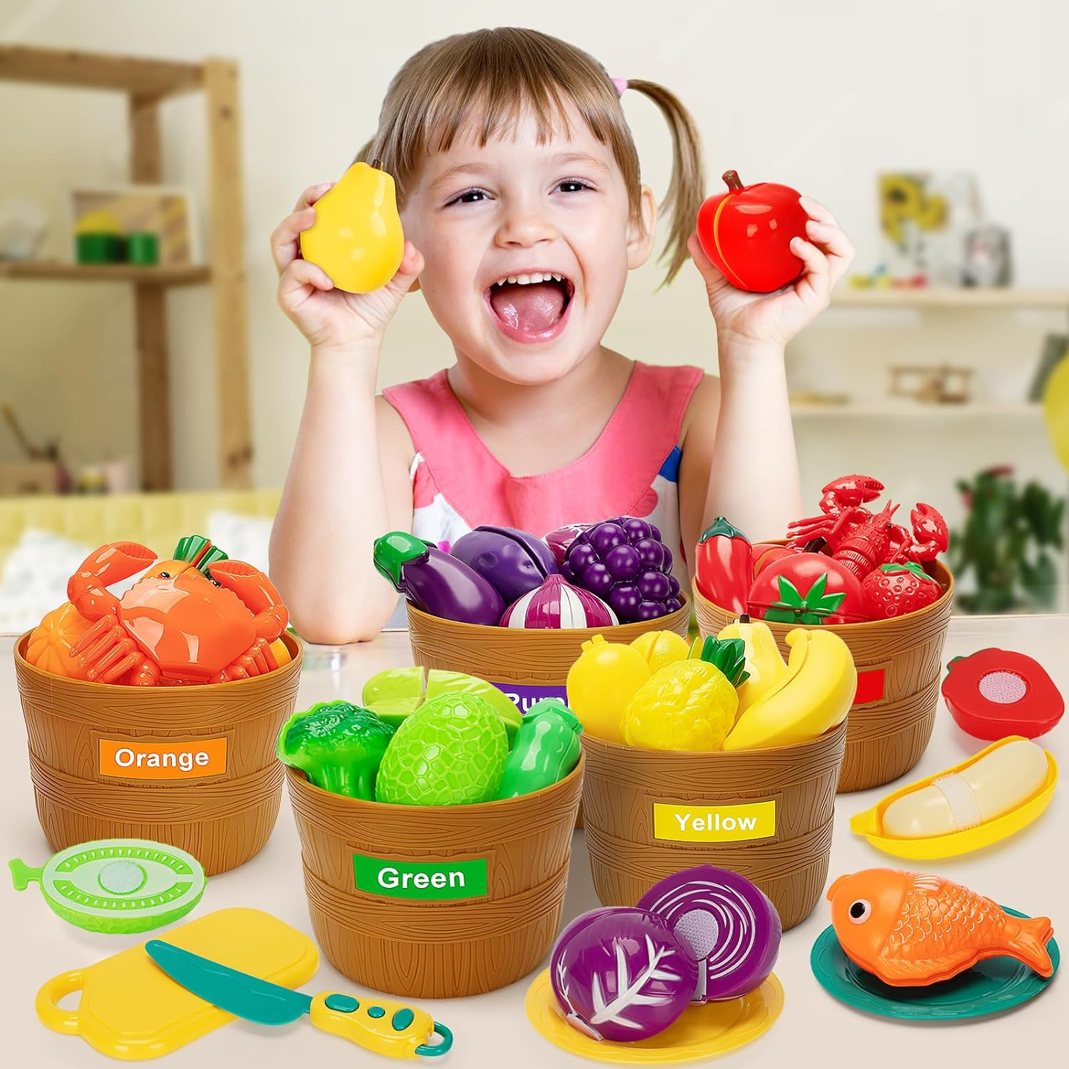 Color Sorting Play Food Set - 68 Pcs Cutting Play Food Toy for Kids Kitchen, Pretend Fake Food & Fruit & Vegetables Accessories, Preschool Educational Toy for Toddler Boy Girl Christmas Birthday Gifts image number 5