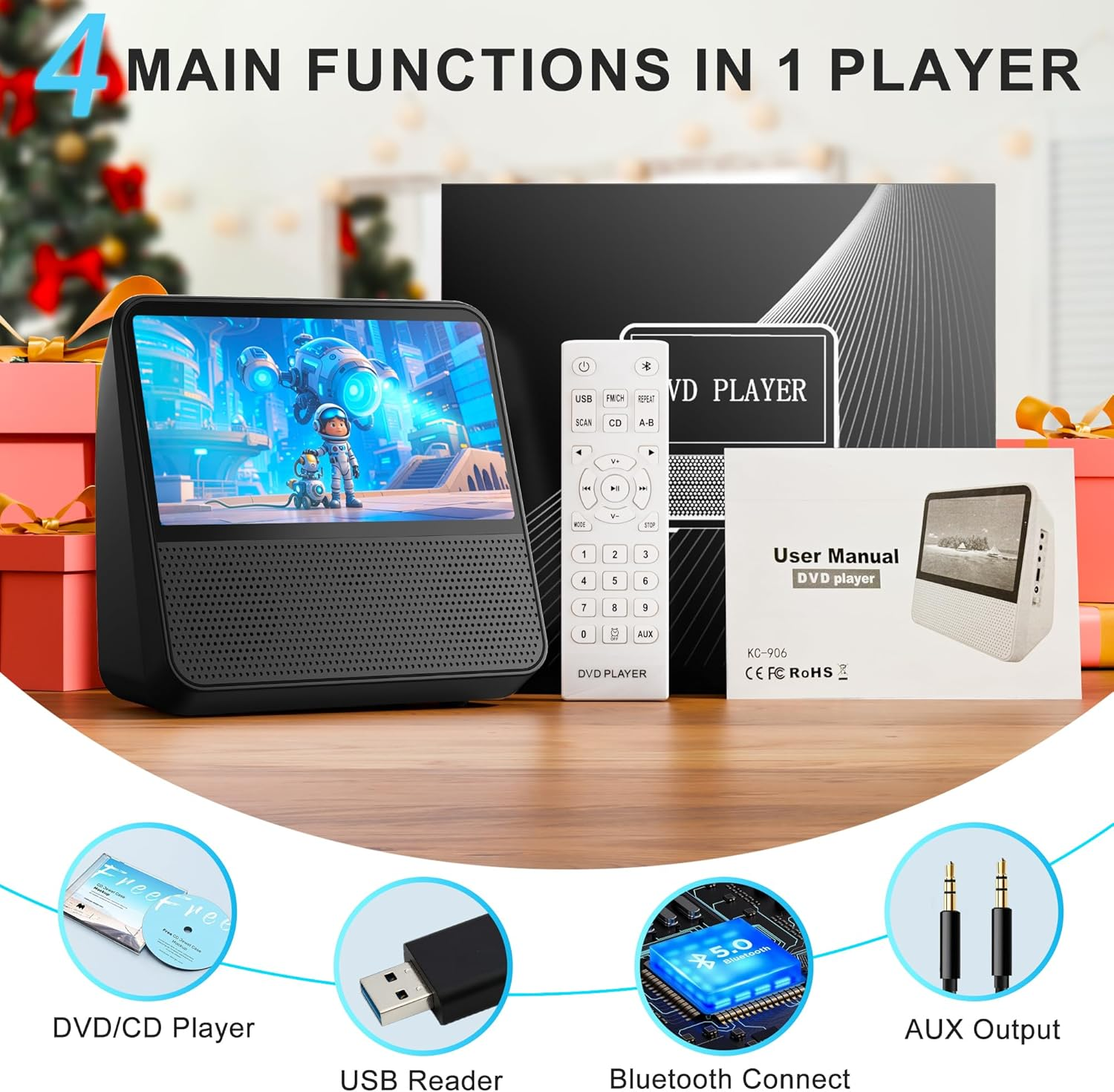 SHIWAKOTO Portable DVD Player with 7" Screen, Rechargeable DVD Players for Kids, Car Video, Eye-Protect Outdoor Indoor Video Machine, Black image number 2