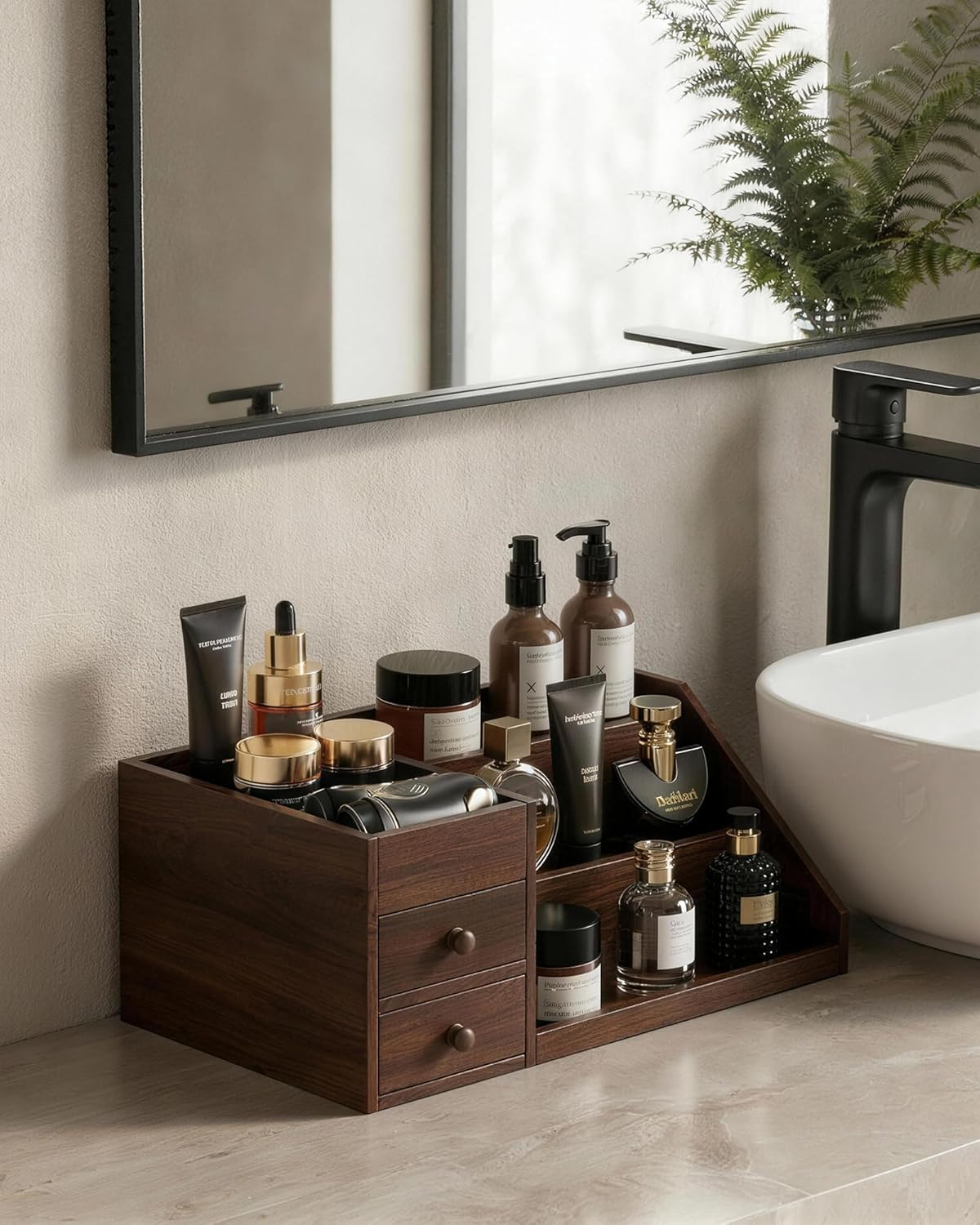 Procase Wood Men&rsquo;S Cologne Organizer with Drawers, 3 Tiers Perfume Elevated Storage Display Shelf Stand Countertop Riser for Cologne Skin Care Hidden Compartment for Father Men -Brown - Black image number 2