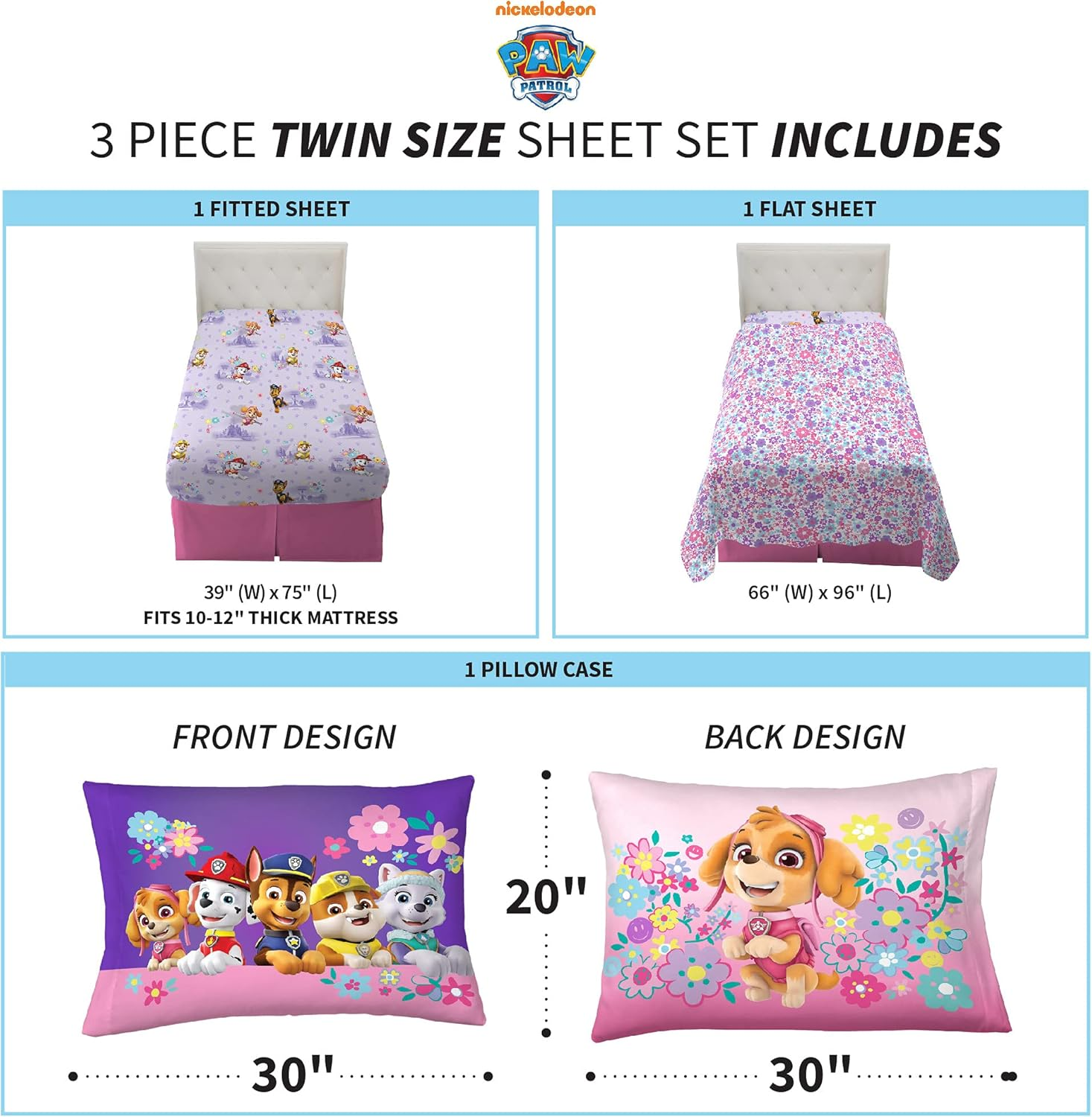 Franco Paw Patrol Girls Kids Bedding Super Soft Microfiber Sheet Set, Twin, (Official) Nickelodeon Product By image number 4