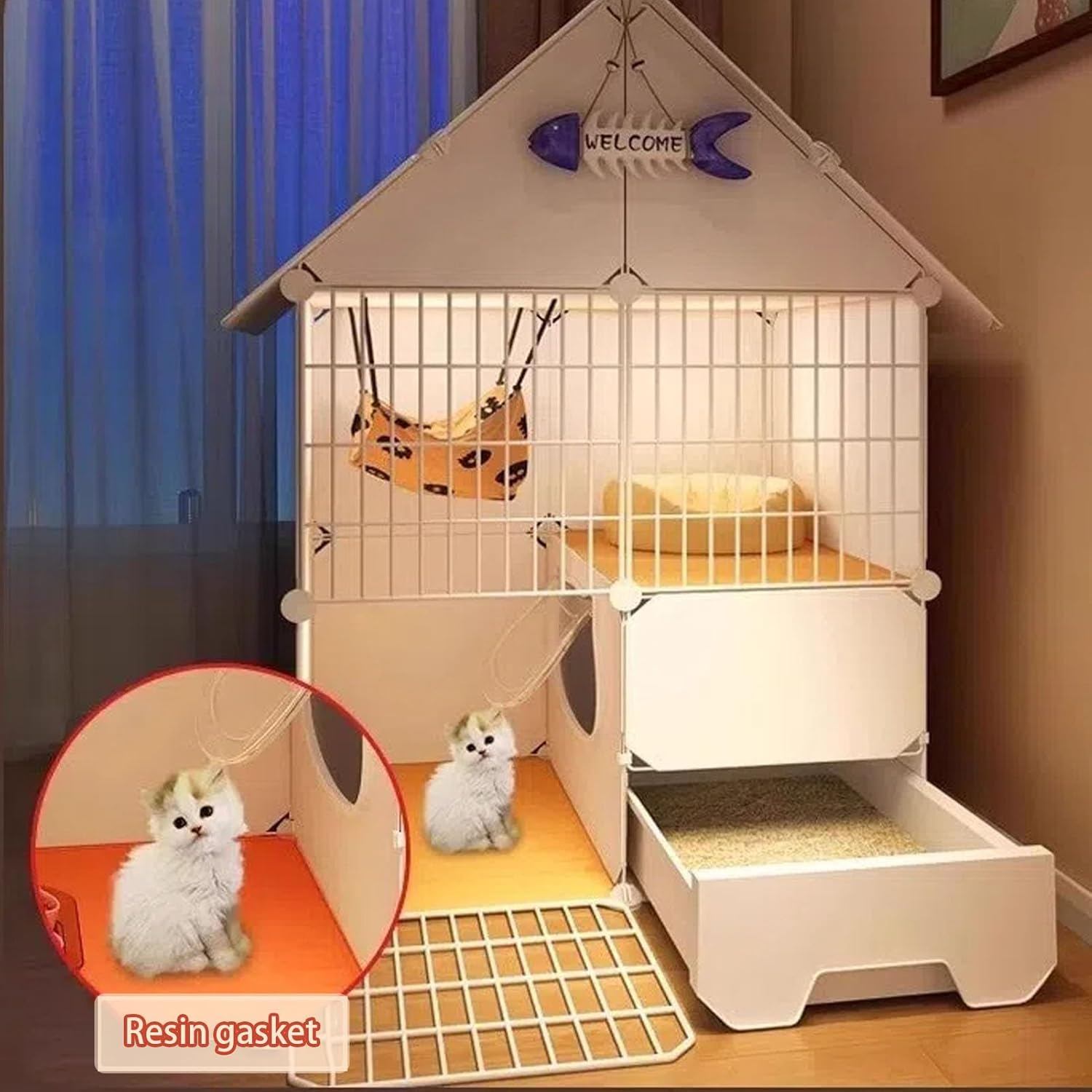 Cat Enclosures Indoor, DIY Cat Cage Detachable with Litter Box, Cats Plaype with Triangular Roof, 2-Tier Cute Cats House, Easy to Install(39Cm/15.4In) image number 6