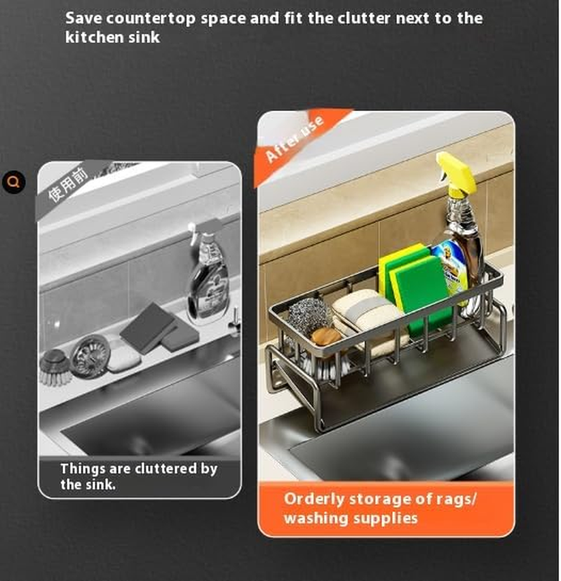 Kitchen Sink Caddy Organiser - Multifunctional Stainless Steel Rack with Self - Draining Tray, Ideal for Sponge, Dish Soap, Scrubber Brush & Dishcloth Storage, Tidy up Your Kitchen Space