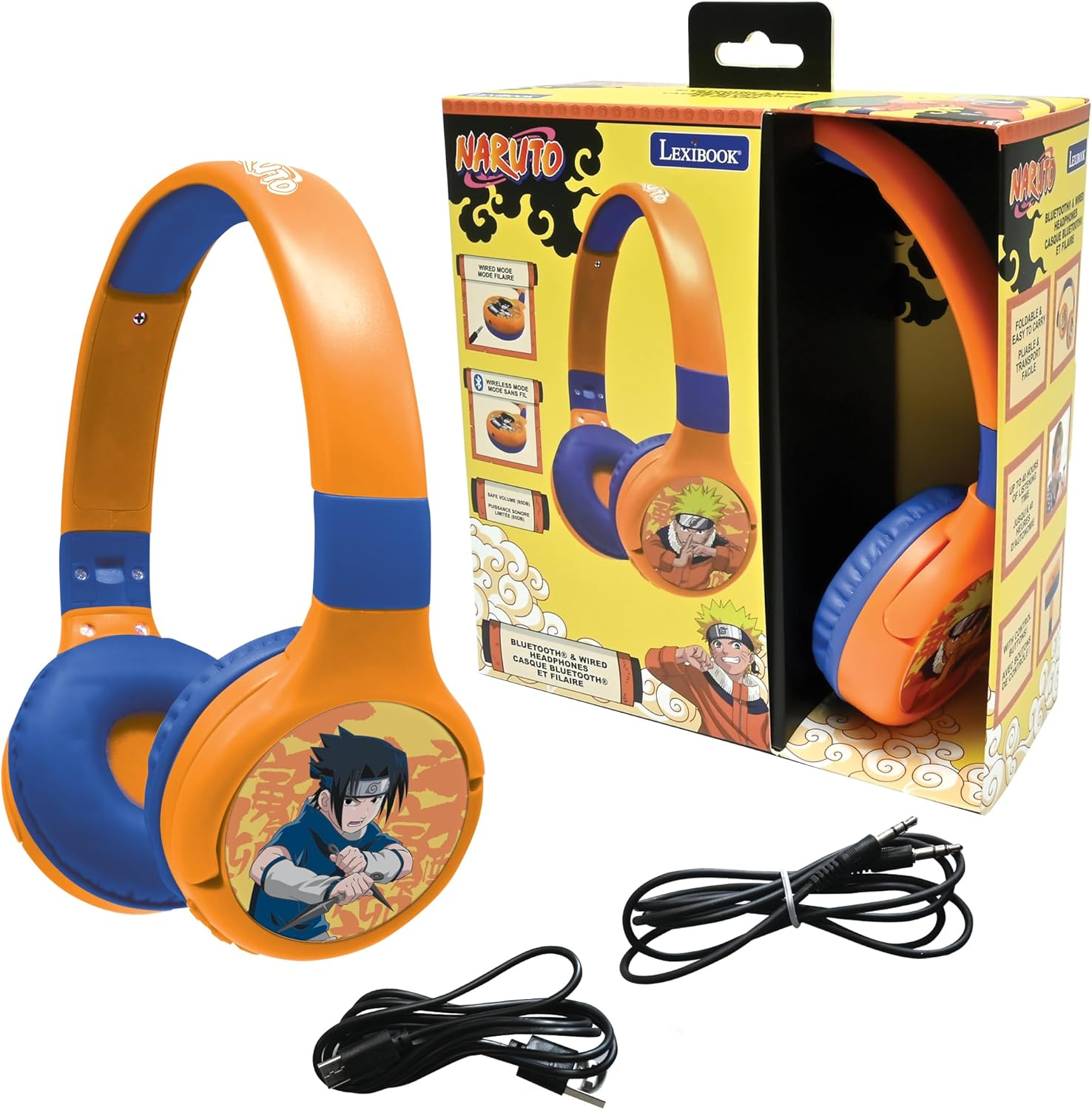 Lexibook, Naruto HPBT010NALXB 2-In-1 Bluetooth & Wired Headphones with Microphone and Control Buttons, Foldable and Adjustable, Long Lasting Battery, Orange/Blue