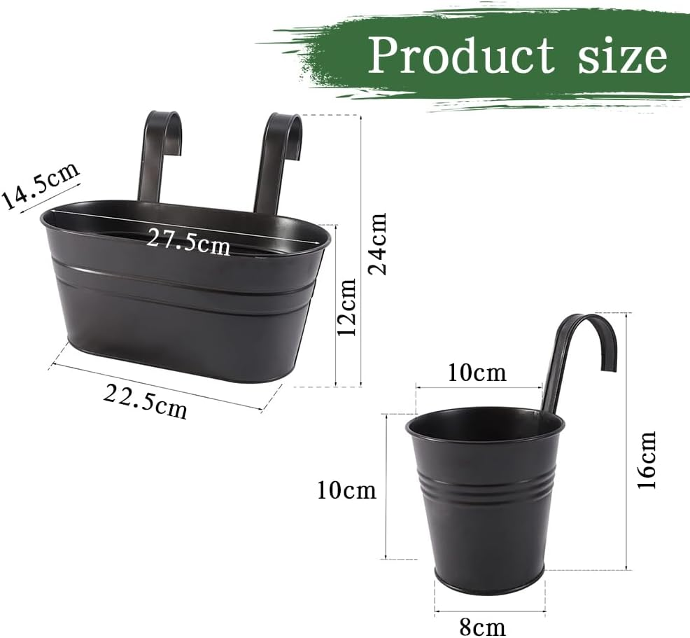10 Pack Metal Iron Hanging Flower Pots,Oval Hanging Flower Pot,Removable Double Hooks,Balcony Hanging Flower Pots,For Porch,Railing,Balcony,Fence(Black) image number 1