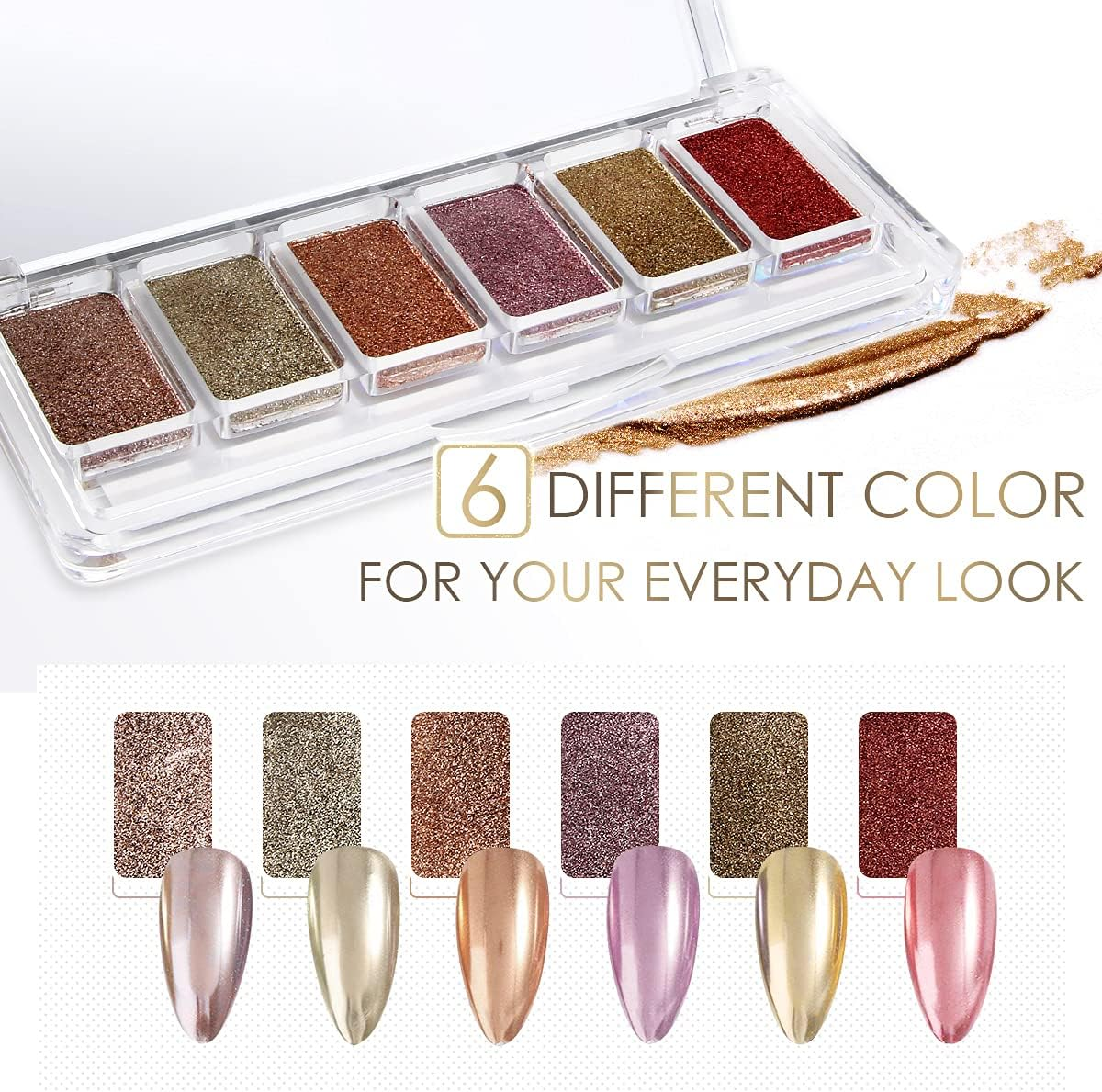 Prettydiva Chrome Nail Powders - 6 Colors Solid Chrome Nail Powders Mirror Finish Palette Set, Rose Gold Silver Red Pink Champagne Mutil Chrome Powder Metallic Nail Pigment Powder for Nails
