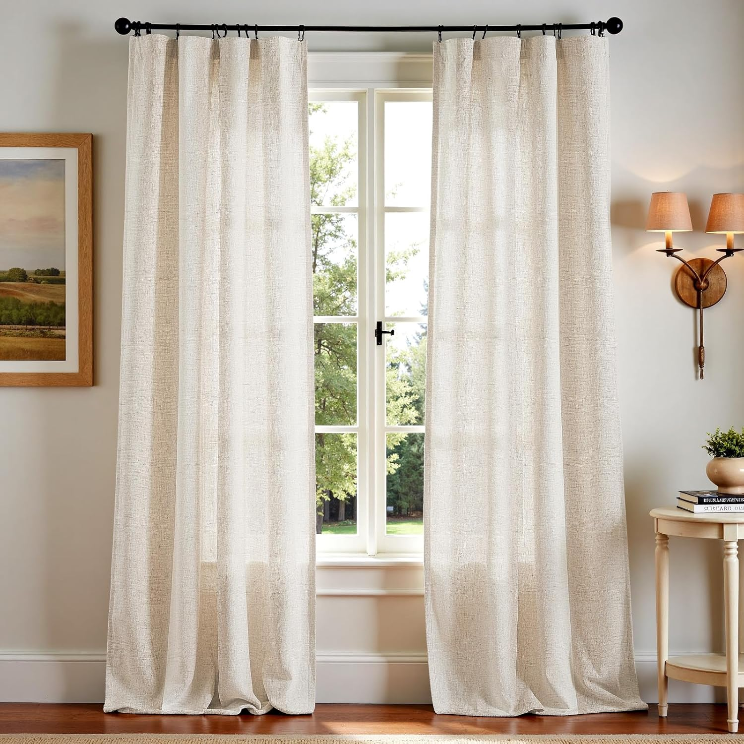 JINCHAN Linen Beige Curtains for Living Room Farmhouse Rod Pocket Back Tab Light Filtering Window Drapes for Bedroom Curtains Crude 2 Panels,Each W127Cm X D244Cm