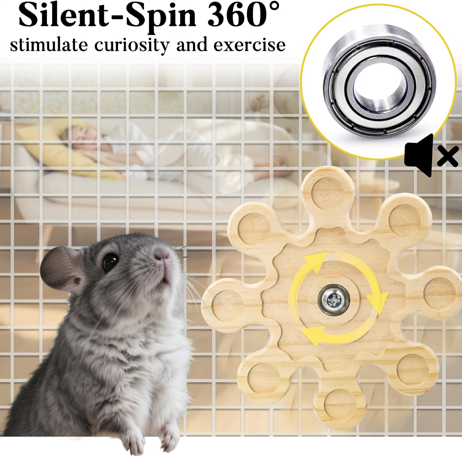 Jevnd Rotating Natural Wood Chinchilla Chew Toys for Teeth, Interactive Enrichment Toys, Hanging Exercise Chinchilla Toys for Cage for Playtime, Spinner Cage Accessories Wheel (1Pc Snow)