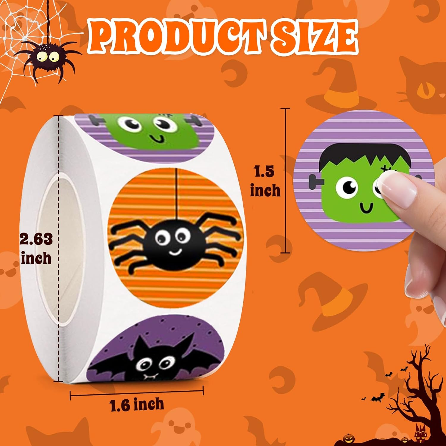 Halloween Stickers for Kids, 1000 Pcs Byhoo Halloween Pumpkin Bat Spider Stickers Roll, 16 Vibrant Colors and Designs, round Seal Label Stickers, Envelope Seals Paster for Halloween Party Decorations image number 1