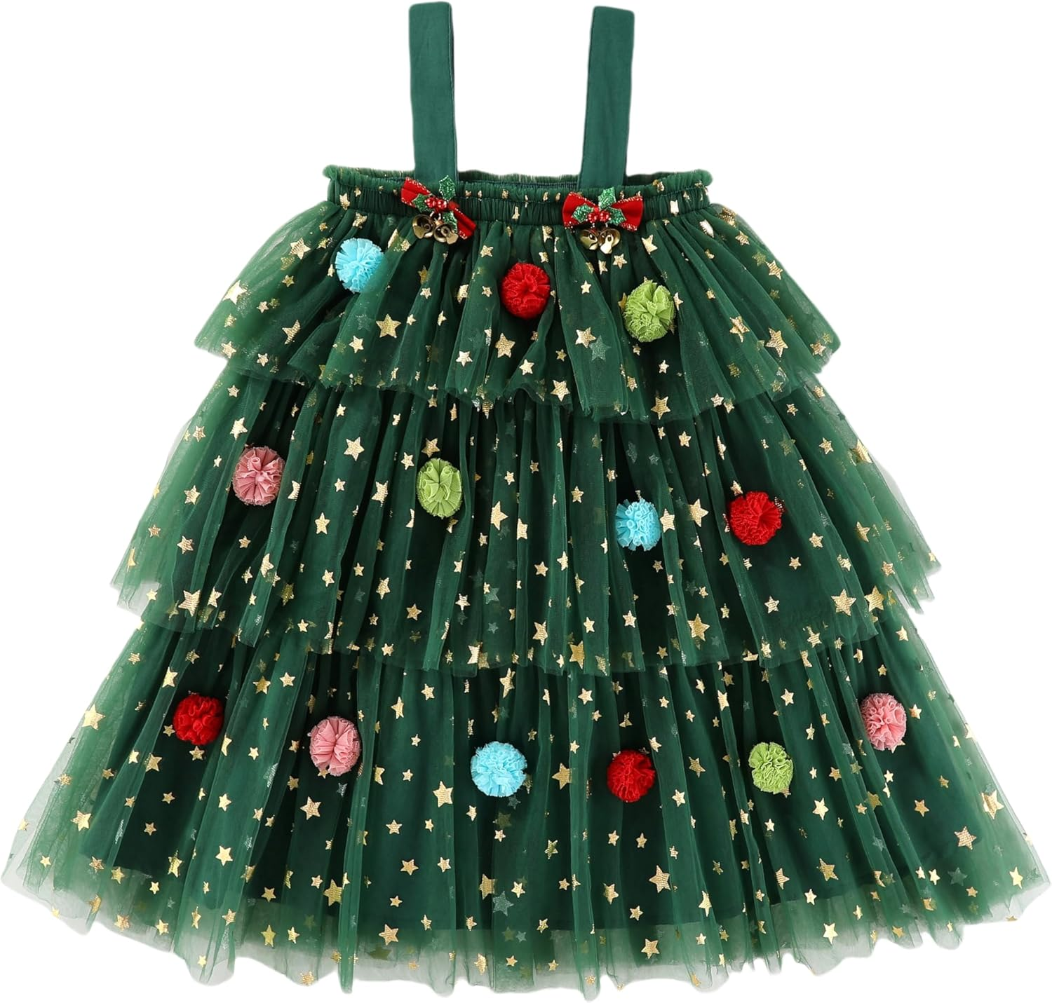 Noubeau Toddler Baby Girl Christmas Dress Star Sequin Layered Green Tutu Dresses Pompom Cake Smash Xmas Clothes image number 5