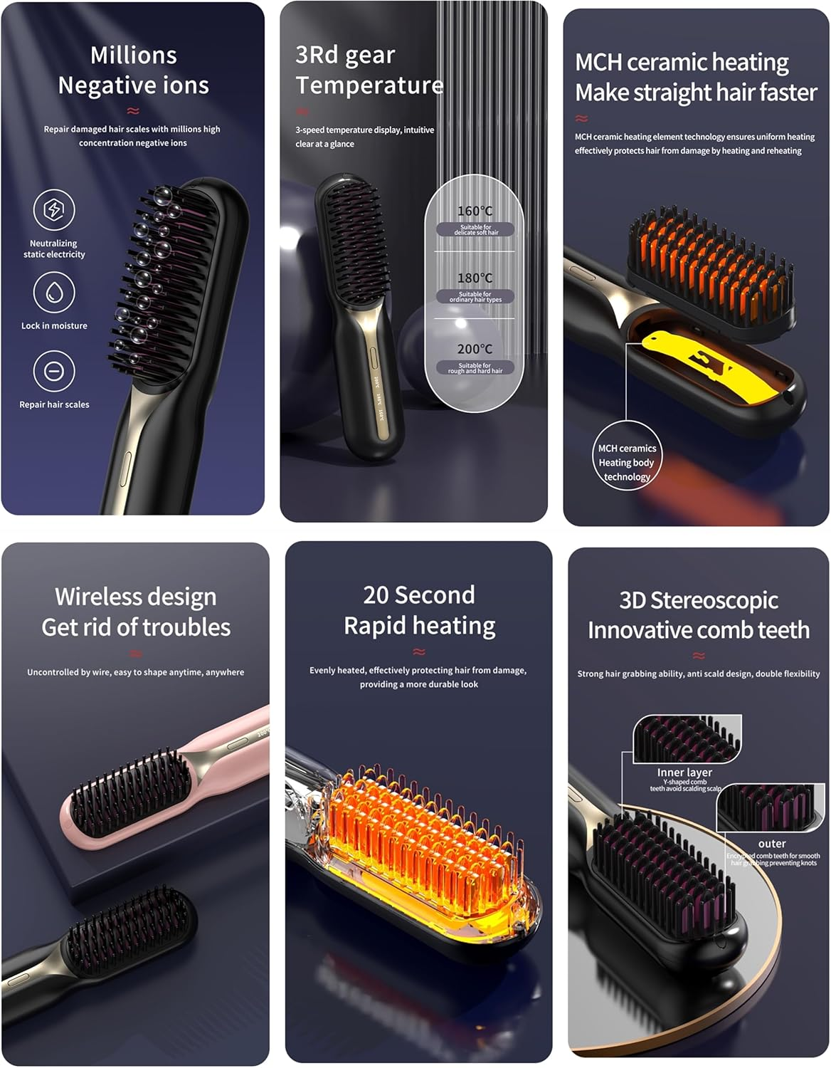 Mini Portable Hair Straightener Brush, Cordless Electric Hair Straightening Comb with Negative Ions, Ceramic Fast Hearting Electric Hot Comb(Blue) image number 1