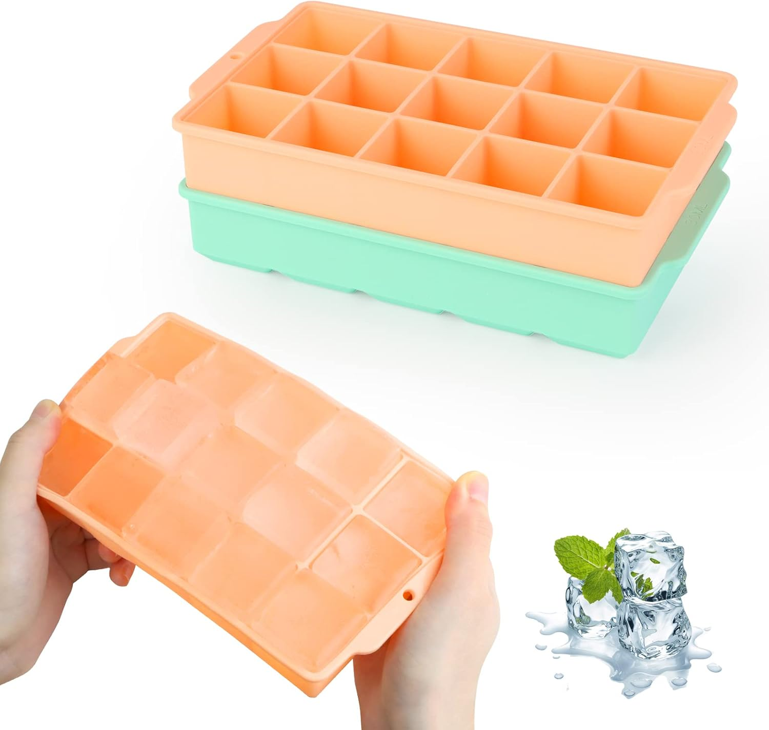 JOPHEK Ice Cube Tray, Pack of 2, 30 Compartments Silicone Ice Cube Tray, Large Square Ice Cubes, 3.5 Cm for Cocktails, Whisky, Wine, Fruit, Fruit Purees, Ice Cream, Iced Tea image number 3
