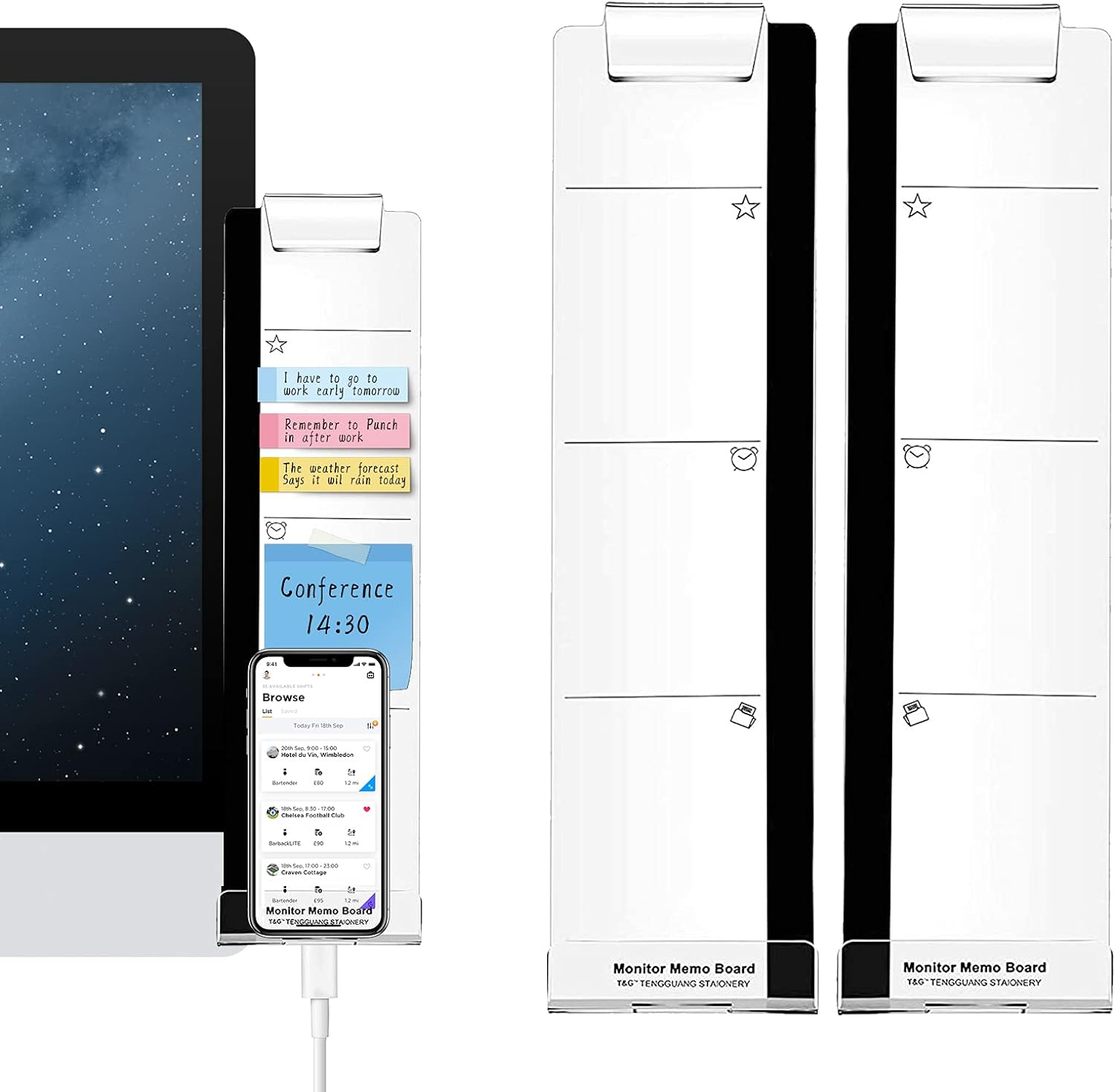 Office Desk Accessories 2Pcs Multifunction Computer Monitor Memo Board - Transparent Computer Side Panel Memo Creative Monitor Side Panel with Phone Holder Suitable for Office Home Desktop