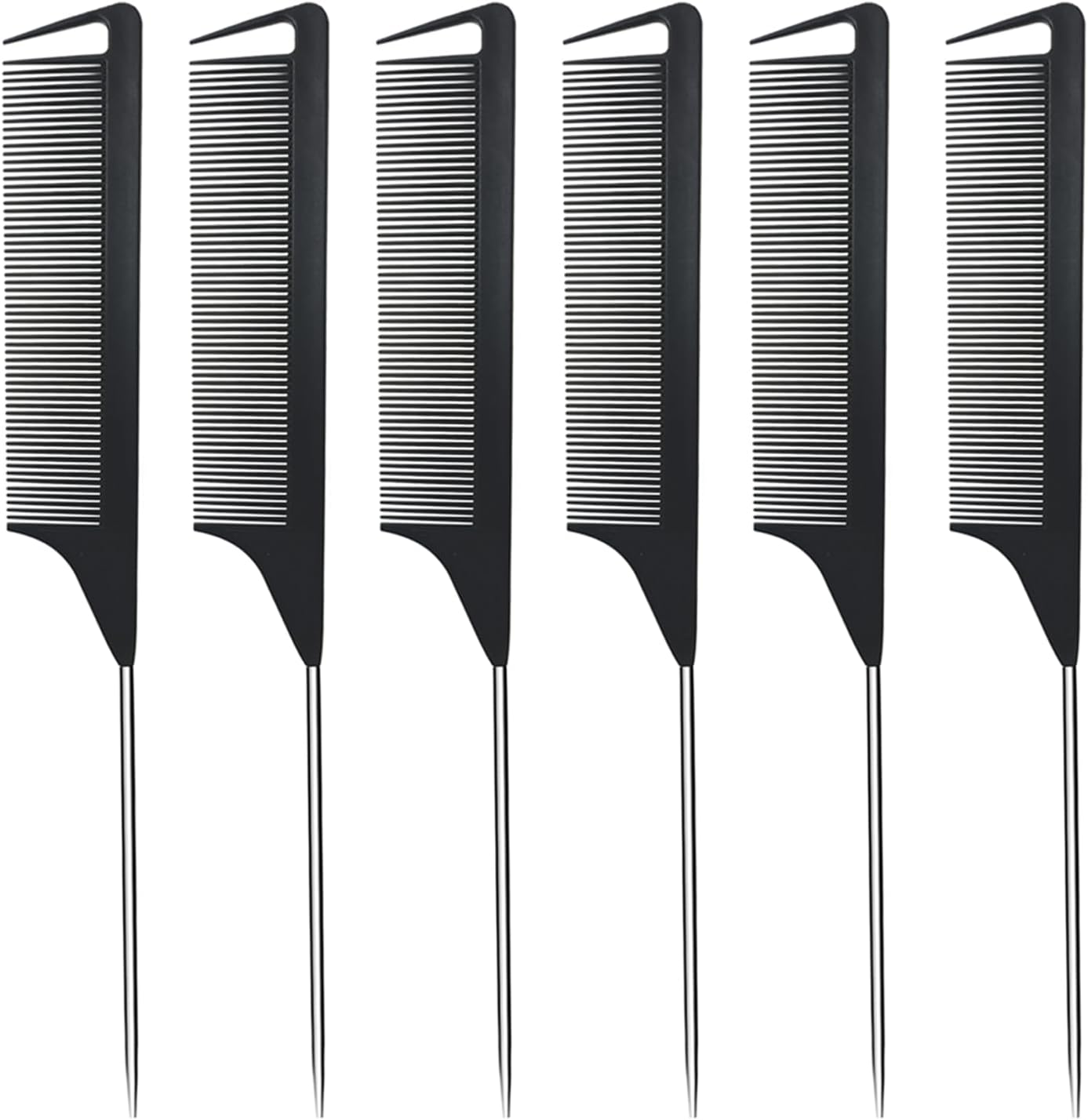 Metal Carbon Fiber Parting Rat Tail Comb for Women Men Kids Braiding Styling Hair (Black 6Pcs)