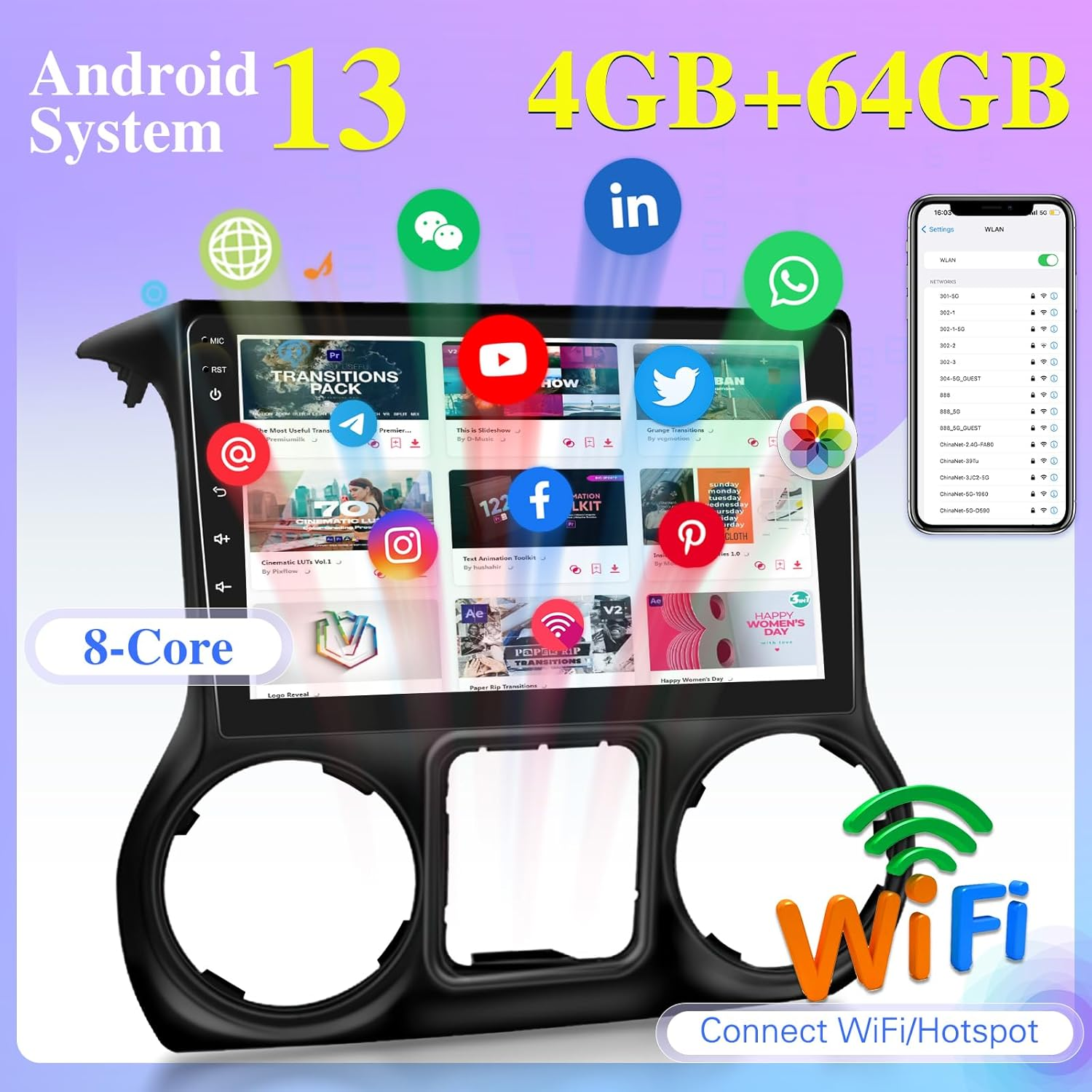 [8 Core 4G+64G] Car Radio for Jeep Wrangler 2011 2012 2013 2014-10.1 Inch Android Touch Screen Car Play Stereo, DSP 32 EQ Audio/Ips Screen/Carplay/Android Auto/Swc/Bt 5.0/Wifi image number 5