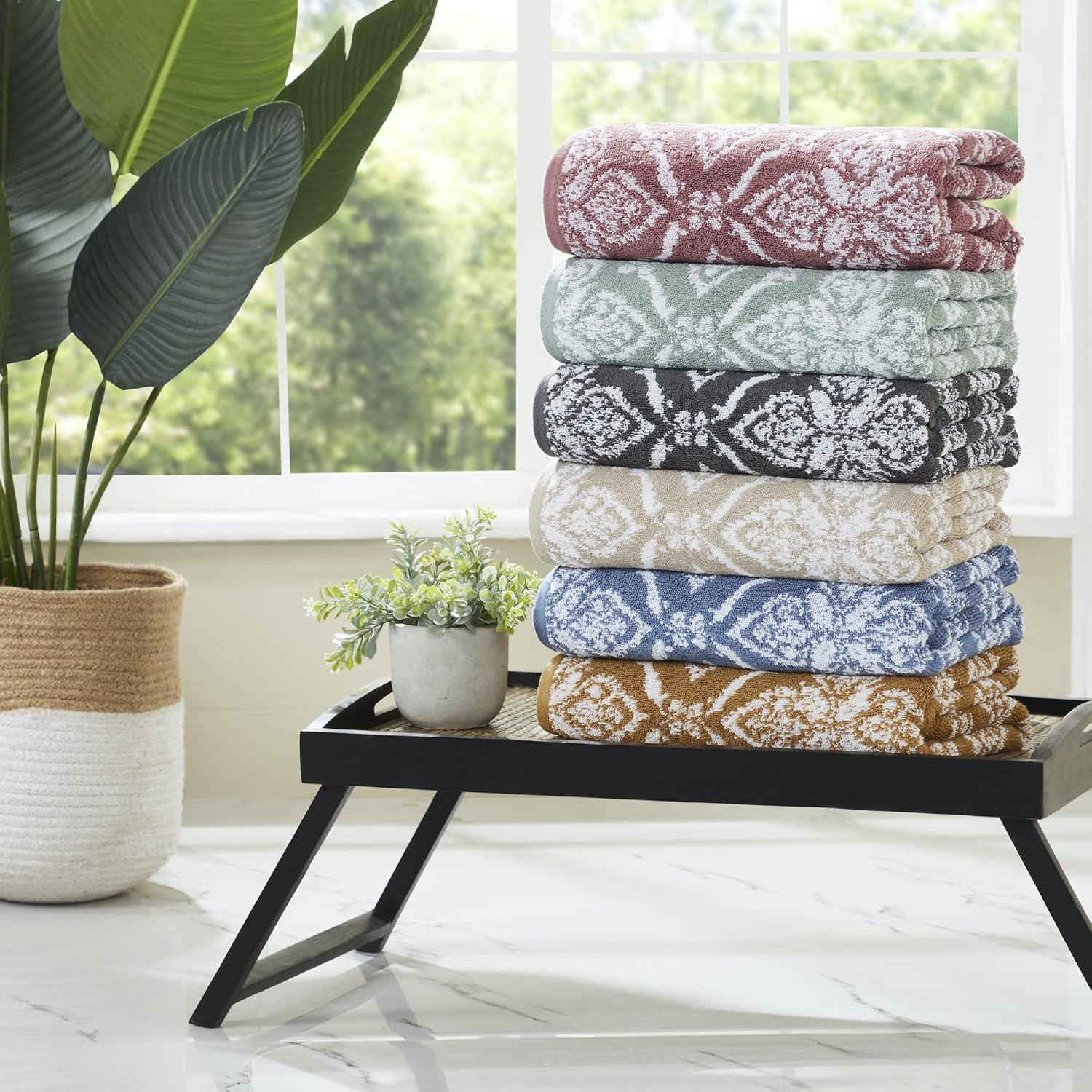 Modern Threads Amaris 6-Piece Reversible Yarn Dyed Jacquard Towel Set - Bath Towels, Hand Towels, & Washcloths - Super Absorbent & Quick Dry - 100% Combed Cotton, Denim - Denim image number 3