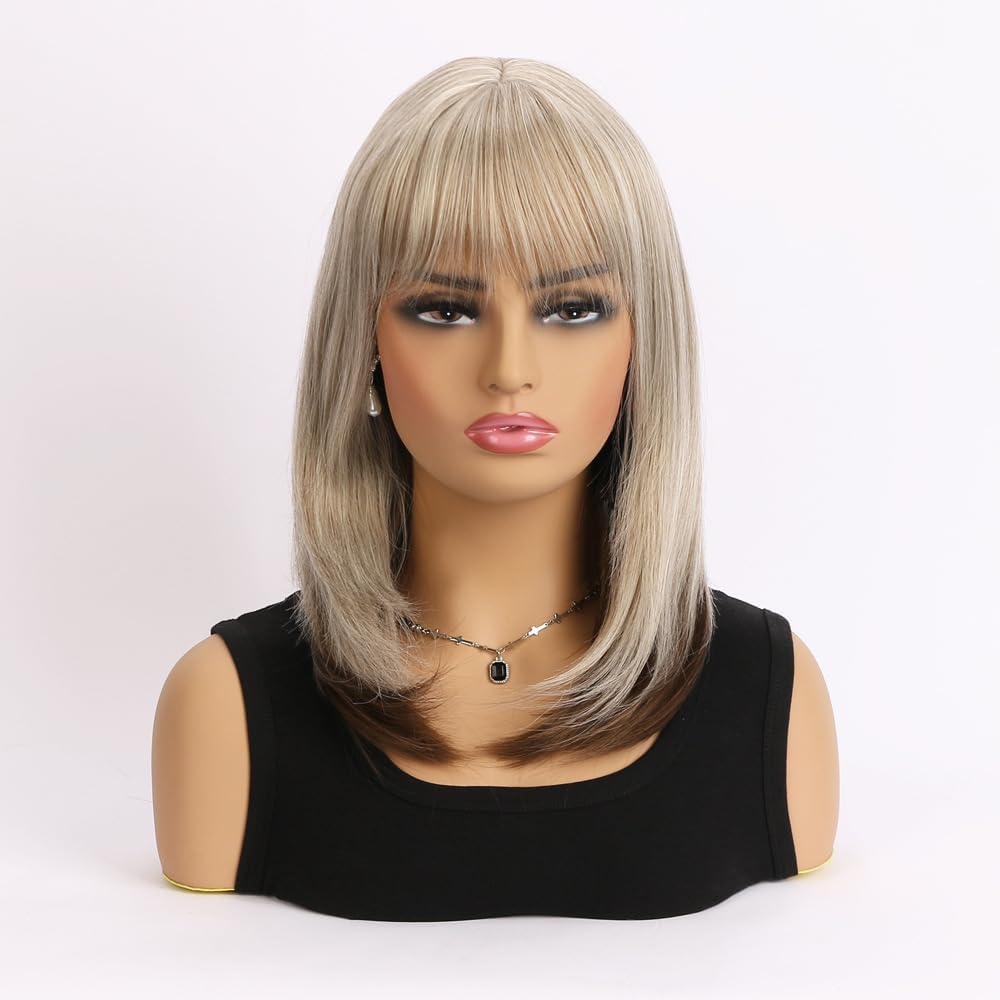 AUBWIG Blonde Mixed Brown Bob Wig with Fringe, 15 Inches, Natural Short Straight Wigs for Women, Medium Length Bob Hair, Synthetic Wigs for Daily Use (Blonde Mixed Brown)