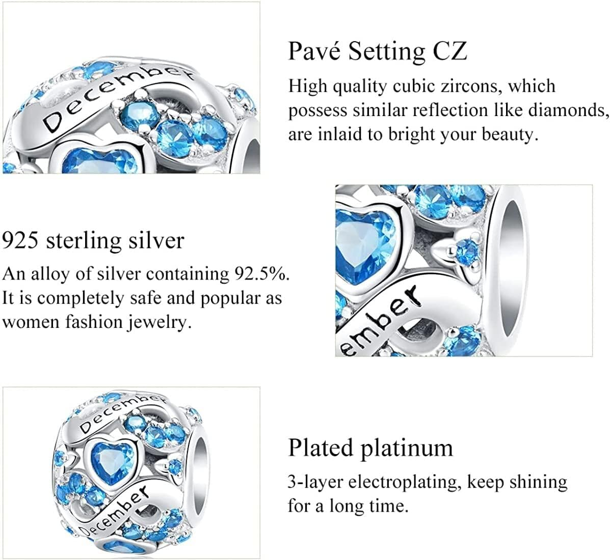 Birthstone Charms Fit for Pandora Bracelet,925 Sterling Silver Love Heart Bead Charms Bead,Birthday Gifts for Women image number 4