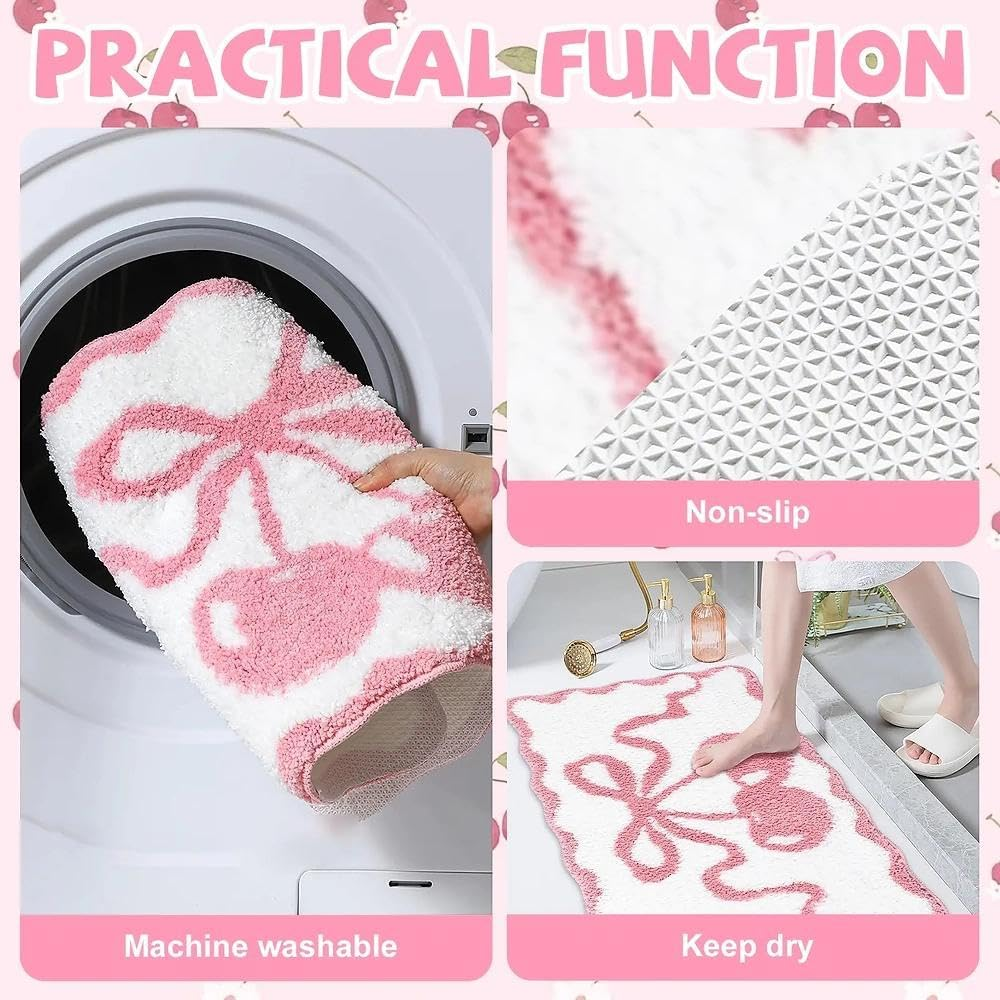 Cherry Bathmat, Non-Slip Bath Mat with Pink Cherry Design, Fluffy Faux Cashmere Bath Rug, Absorbent Pink Bath Mat for Bathroom & Kitchen, Machine Washable image number 1