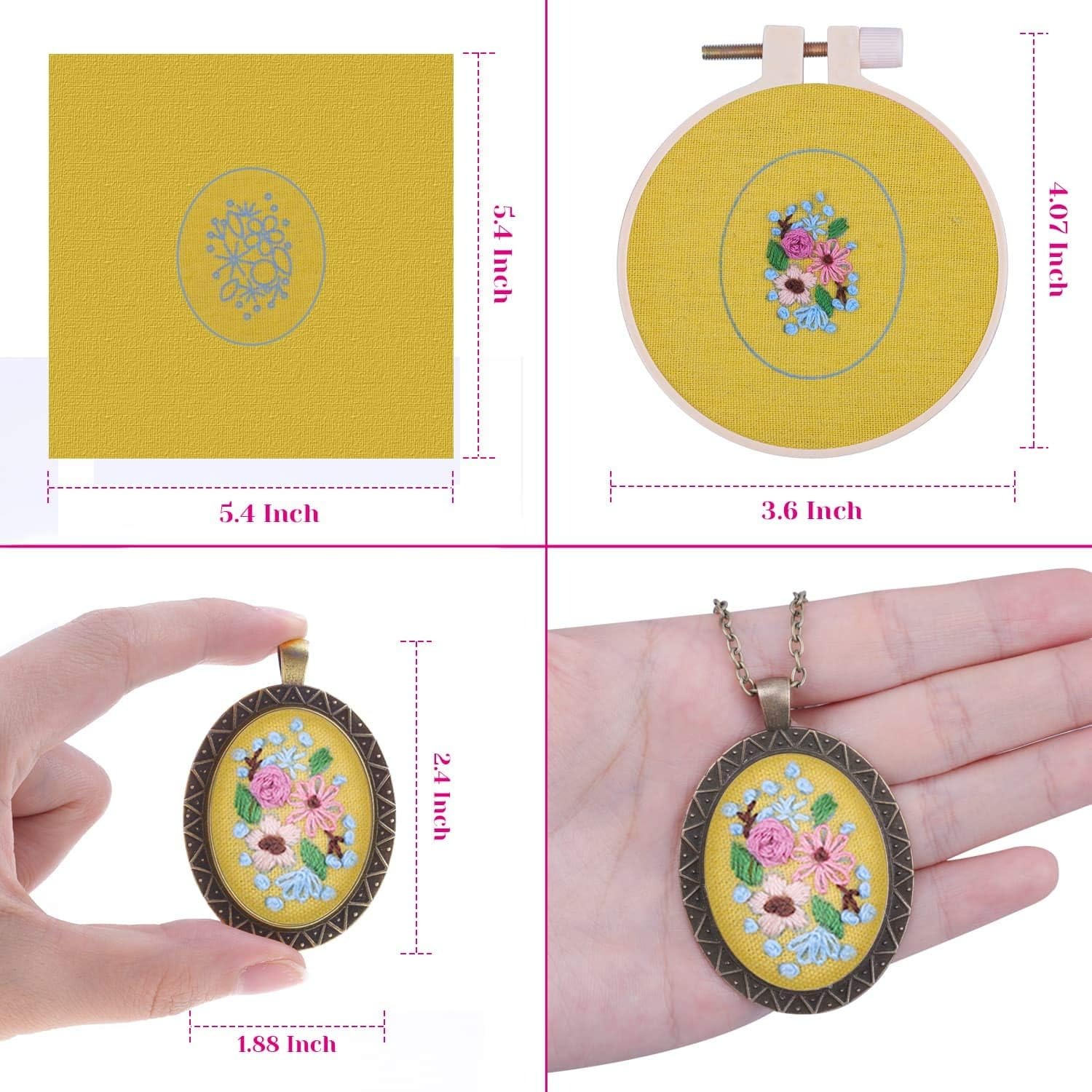 Embroidery Pendant Kit for Beginners, Shynek Embroidery Starter Kit with Pattern and Instructions Cross Stitch Kit Including Pendant Trays Embroidery Clothes with Floral Pattern, Embroidery Hoops