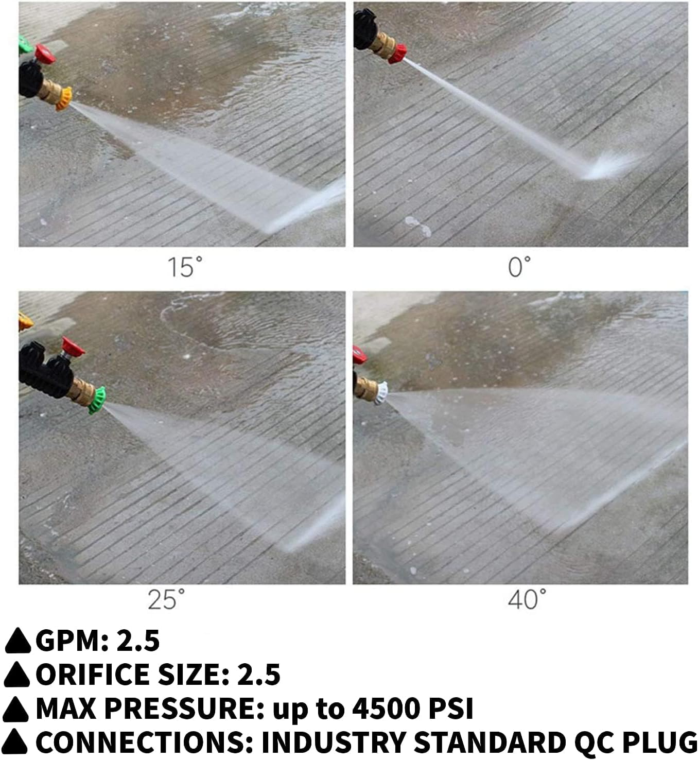 Pressure Washer Tips Power Washer Soap Nozzle Tips Multiple Degrees 1/4 Quick Connect Design up to 4,500 PSI 2.5 Gpm(5-Pack) image number 2
