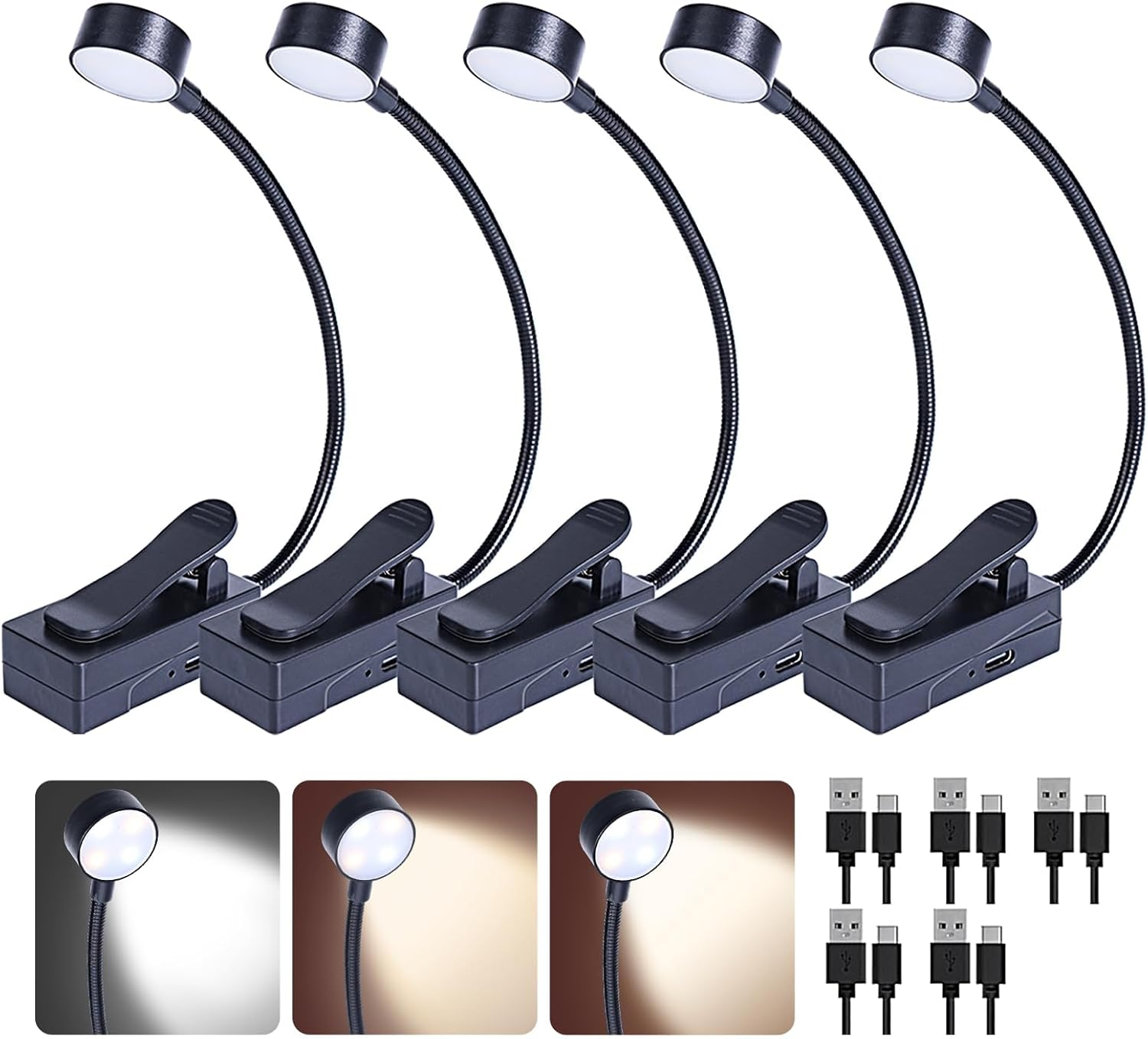Kunhe 5 Pack Rechargeable Book Light Bulk Clip-On Reading Lights for Books in Bed Long-Lasting 3 Modes & 3 Brightness Levels Compact USB Charging Mini Booklights for Kids Book Lovers Bulk Gifts image number 4