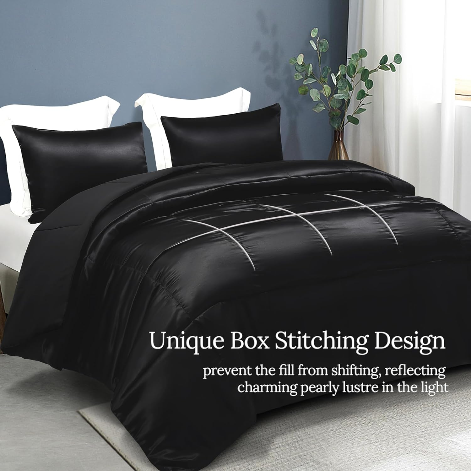 Whale Flotilla 3-Piece Reversible Silky Soft King Size Comforter Bedding Set, Luxurious Satin Comforters Oversized with 2 Satin Pillowcases, Lightweight Duvet for All Seasons, Black