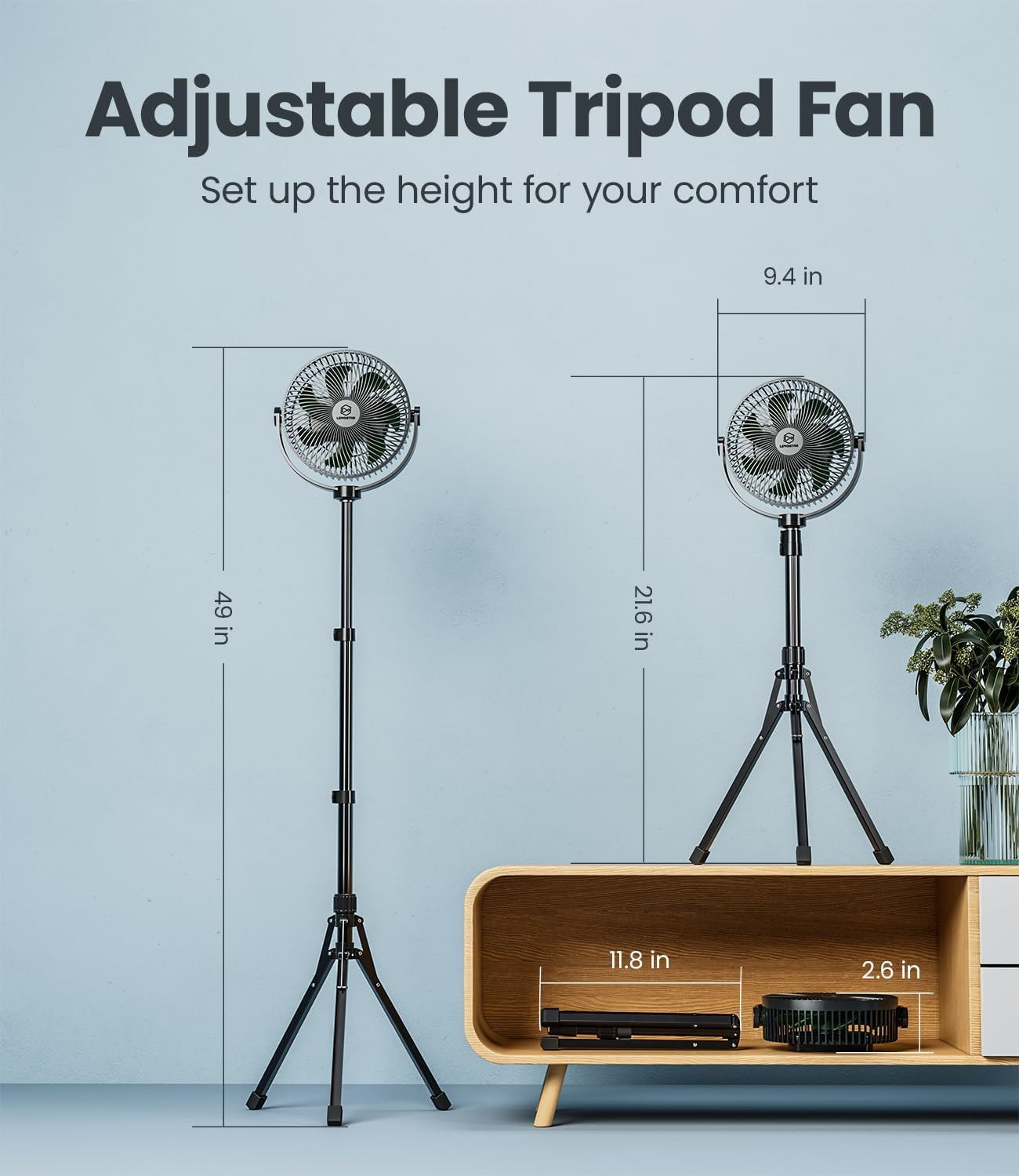 LEMOISTAR Portable Rechargeable Battery Operated Pedestal Fan, 8" 10000 Mah USB C Small Fan, Adjustable Height, Quiet Table Desk Standing Fan for Camping Bedroom Office Home Travel Fishing image number 2